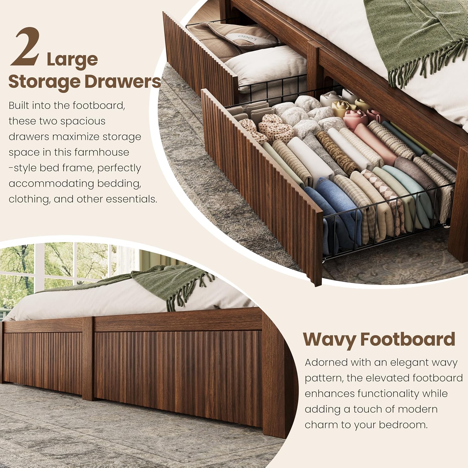CypBed King Size Bed Frame and Headboard& 2 Storage Drawers, King Bed Frame with LED Light and Charging Port, Farmhouse Wavy Design, Wood & Metal Platform, Noise-Free, No Box Spring Needed, Walnut