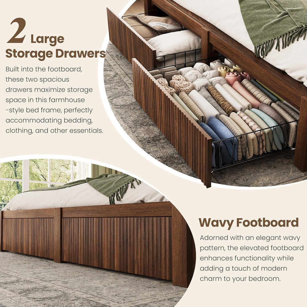 CypBed Queen Size Bed Frame with Headboard and Storage Drawers, Queen Bed Frame with LED Light and Charging Port, Farmhouse Wavy Wood Design, Wood & Metal Platform, Noise-Free, No Box Spring Needed
