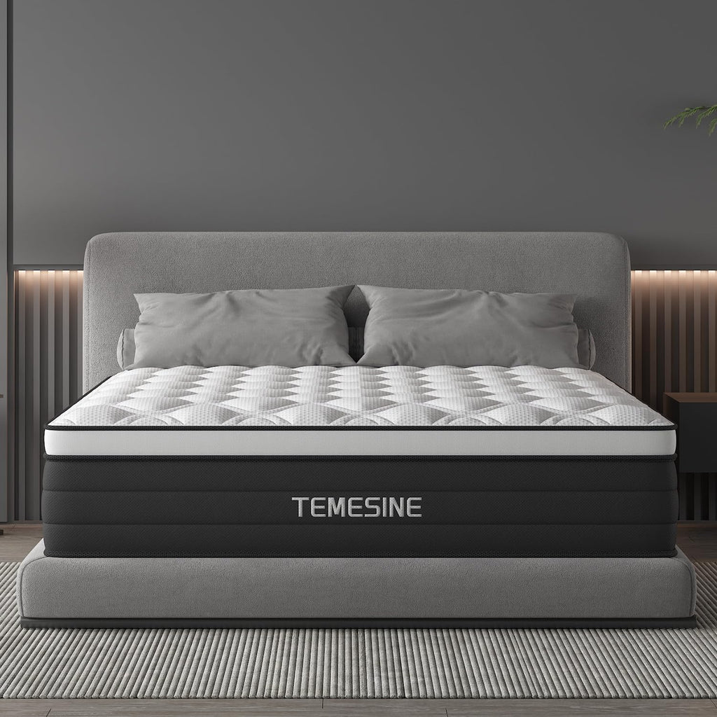 Queen Mattress, 14 Inch Hybrid Mattress in a Box with Individual Pocket Spring, Gel Memory Foam and Euro Top, Medium Firm Feel with Motion Isolation, Pressure Relief, Edge Support,Queen Size Black
