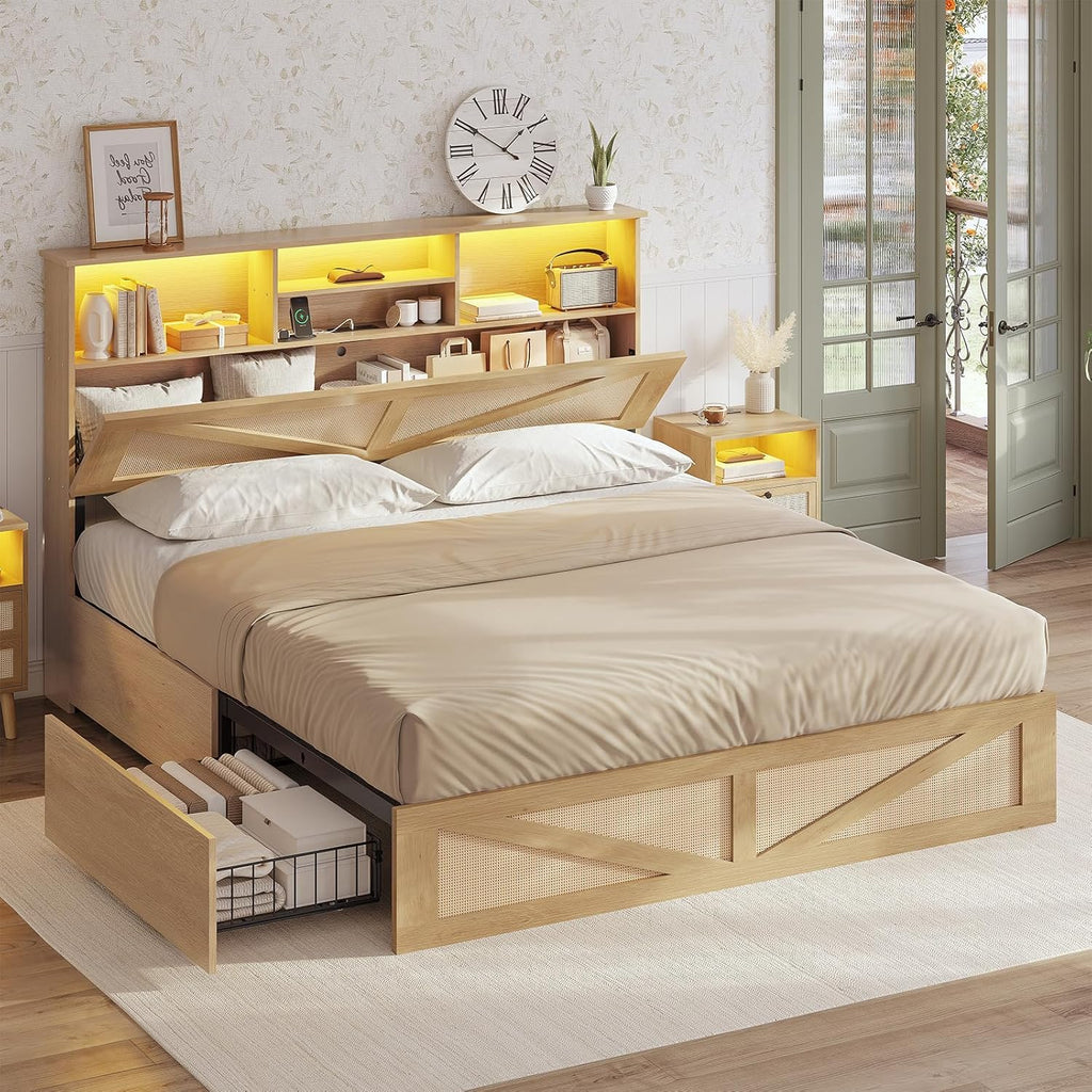 AOGLLATI Queen Bed Frame with 4 Storage Drawers and Natural Rattan 2-Tier Bookcase Hidden Headboard, Boho Led Bed Frame Queen Size with Charging Station, No Box Spring Needed, Wood