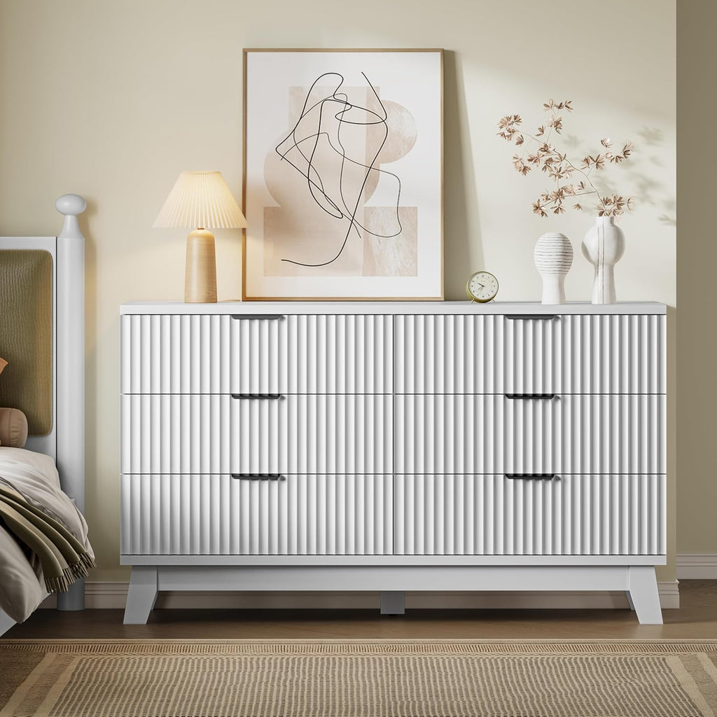 53" Long Dresser for Bedroom, 6-Drawer Dresser with Fluted Fronts, Wide Wood Chest of Drawers, Smooth Metal Slides, Stable Base, Modern Clothes Storage Cabinet for Living Room, Hallway