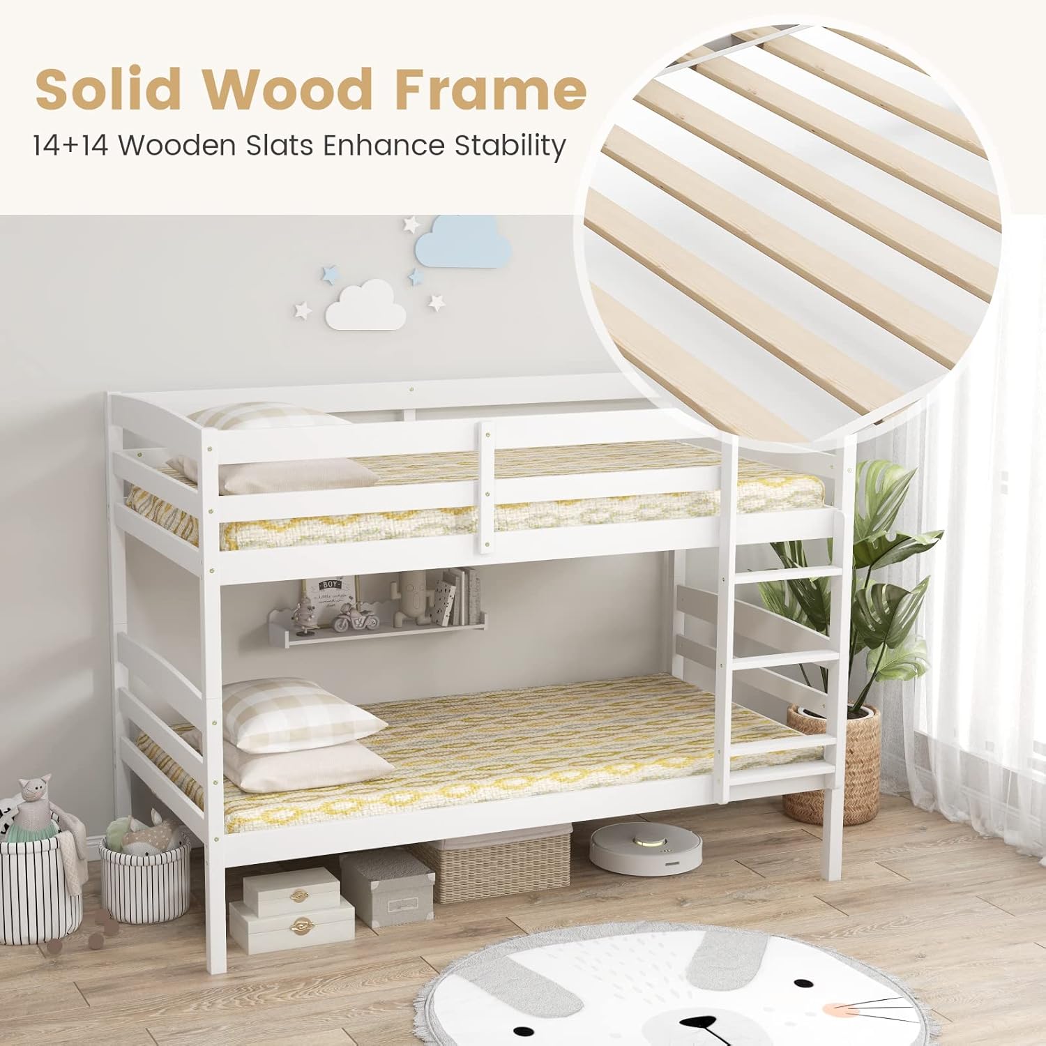 KOMFOTT Bunk Bed Twin Over Twin, Bunk Bed Frame w/Full-Length Guardrail & Integrated Ladder, Wood Bunk Bed for Small Space, Converts to 2 Individual Beds for Kids & Adults, No Box Spring Needed