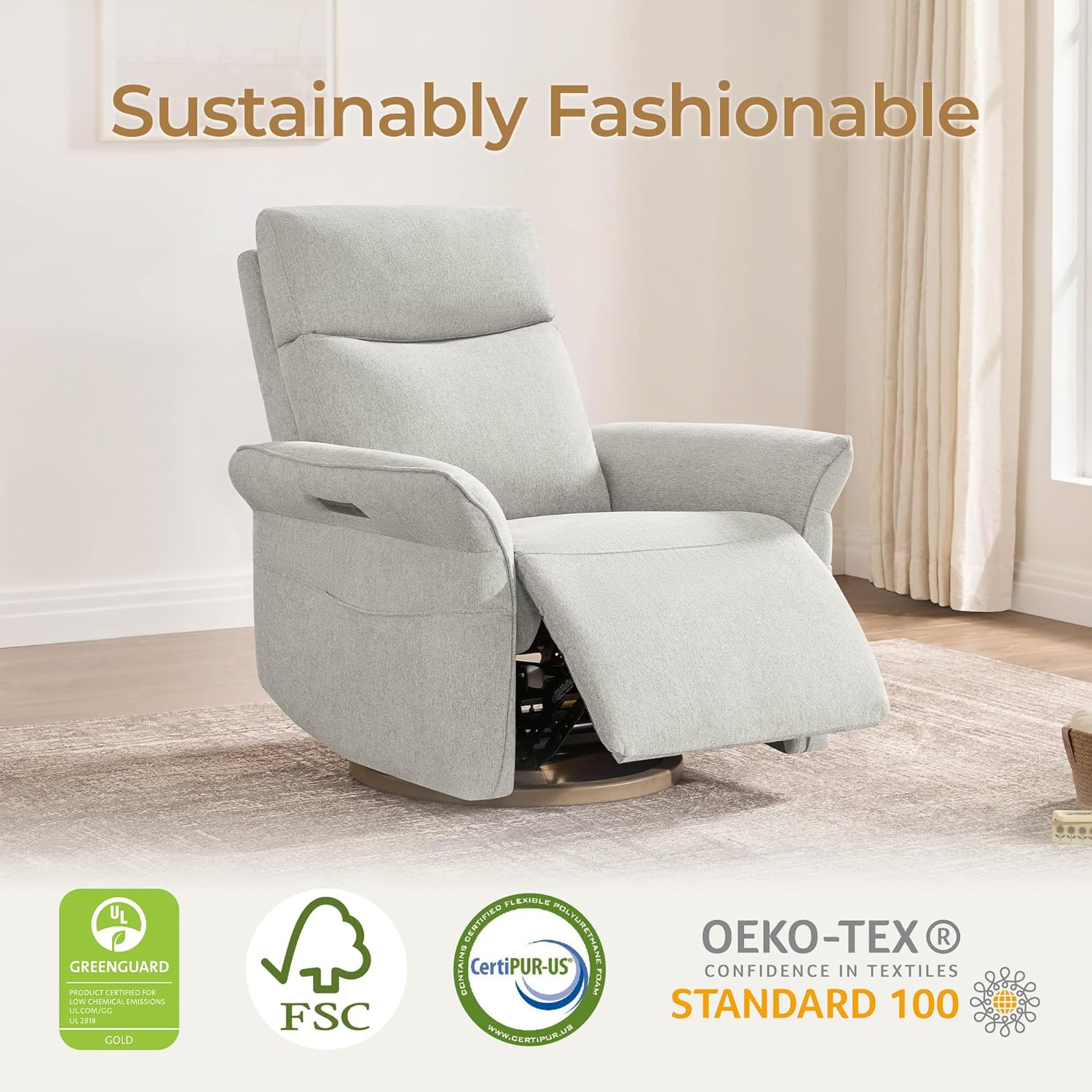 CHITA Power Recliner Chair, Electric Triple-Motor Swivel Glider Nursery Rocking Chair with Adjustable Power Headrest and Lumbar Support, GREENGARD Gold Certified, Solid Wood Base, Crockery Grey