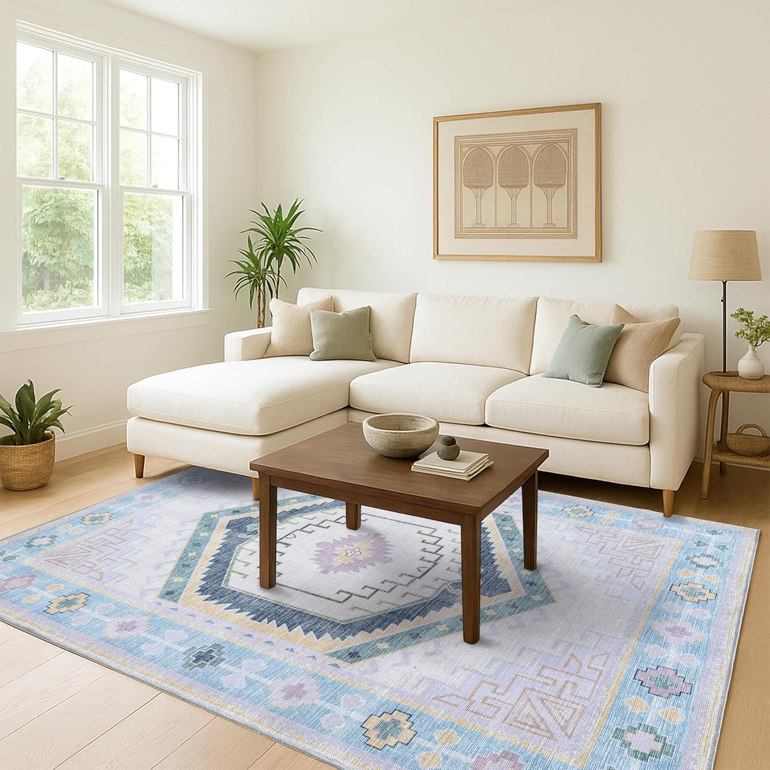 Fame Living Washable Area Rug. Modern Farmhouse. Vintage. Turkish. Bohemian. Distressed. Oriental. Traditional. Rugs for Living Room. Dining. Bedroom. Office. Entryway. Foyer. (856PBl, 9'5" x 14')