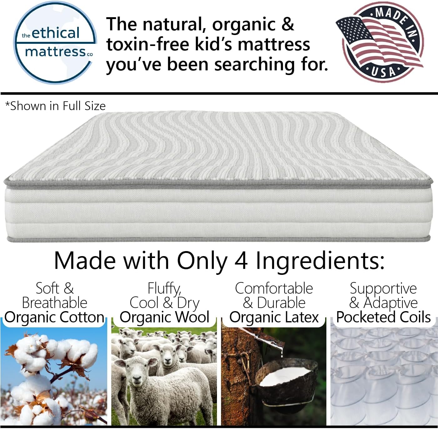 Ethical Mattress CO 6" Kid's Mattress, Toxin-Free, Made in The USA with Organic Cotton, Wool, Latex & Pocketed Coils (Bed-in-a-Box); Perfect for bunk beds, trundles & Platform beds - Twin Size