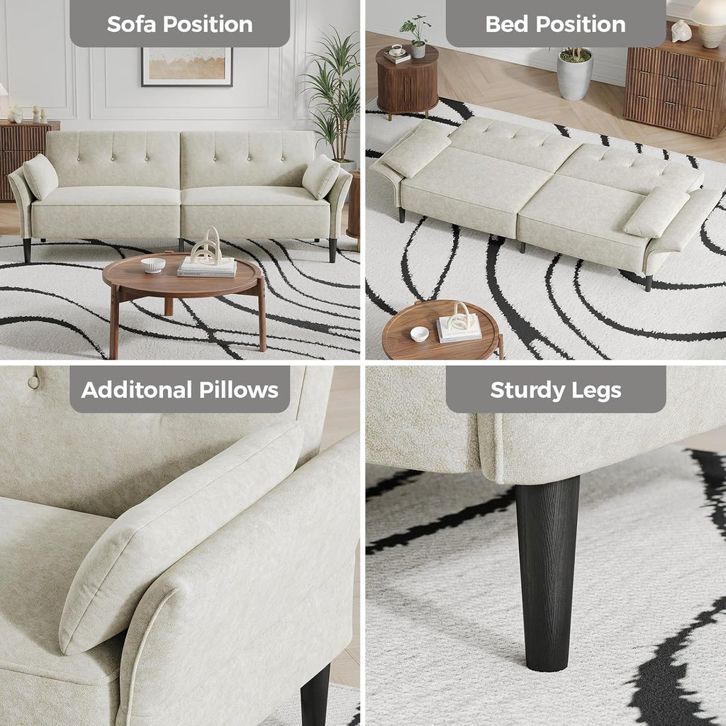 89” Futon Sofa Bed, Comfy Futon Couch Bed with 2 Square Pillows,Convertible Sleeper Sofa with Adjustable Backrest& Armrests, Modern Loveseat Sleeper for Living Room,Velvet Fabric White