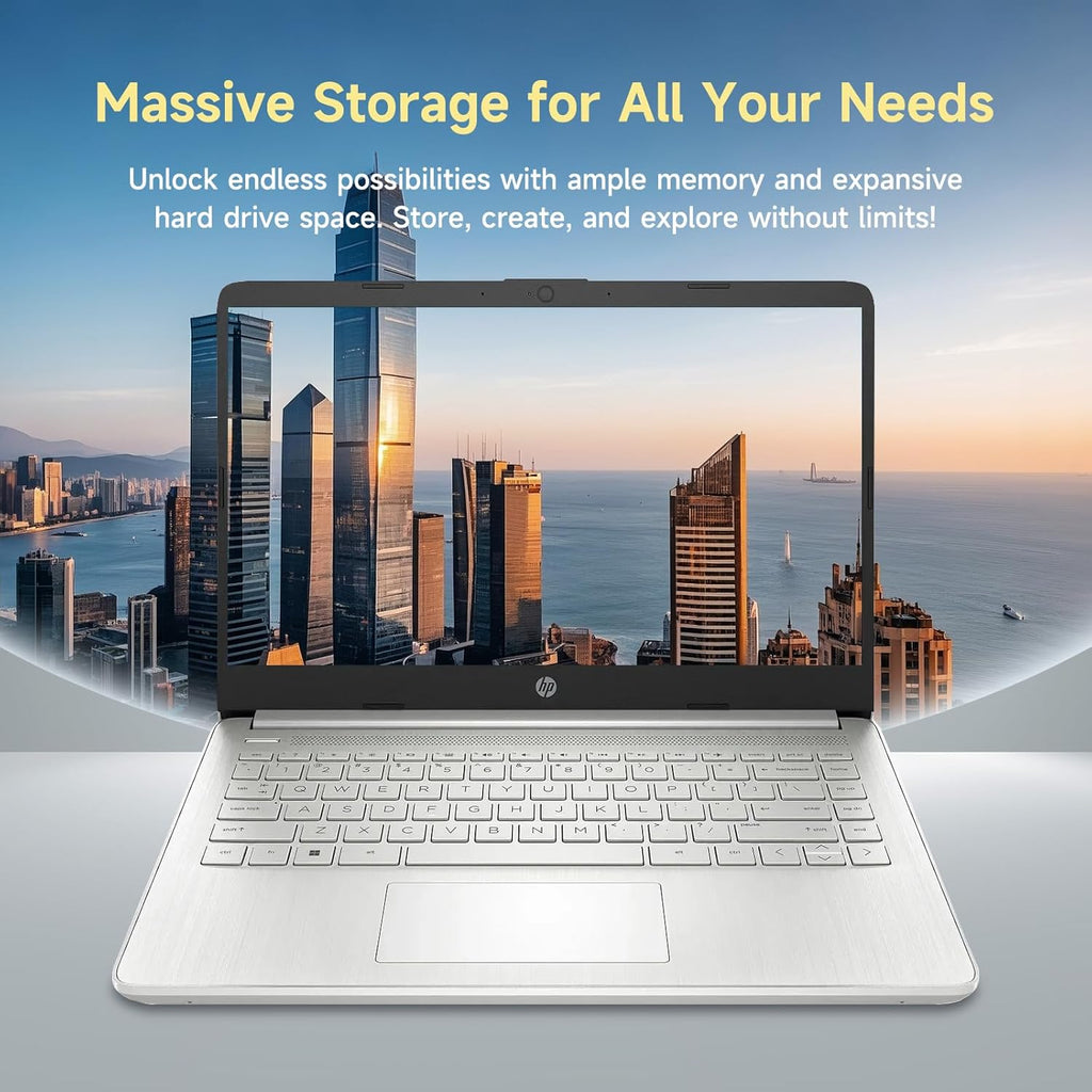 HP 14 Student-Laptop Back to School  Quad-Core Processor (Up to 3.6GHz) 8GB RAM 192GB Storage(128GB UFS + 64GB SD Card) Laptops for Student with 1-Year Office 365 Copilot AI Win11  Natural Silver