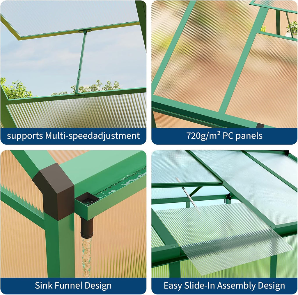 6x10 FT Greenhouse  Easy Assembly Aluminum Polycarbonate Greenhouses for Outdoors with Roof Vent and Ground Nails  Heavy Duty Aluminum Walk-in Greenhouse for Backyard  Sliding Lockable Door  Green