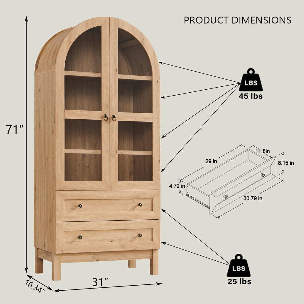 71" Tall Arched Kitchen Pantry, Modern Farmhouse Wood Kitchens Storage Cabinets with 2 Large Drawers and Adjustable Shelves, Versatile Cupboard for Kitchen, Dining Room, Bathroom, Natrual