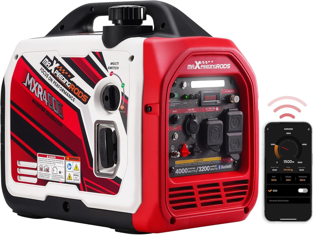maXpeedingrods 4000 Watt Inverter Generator Portable  Bluetooth® App Remote Data Monitor  RV Ready  Gas Powered Generator with CO Alarm for Outdoor Camping  Home Backup