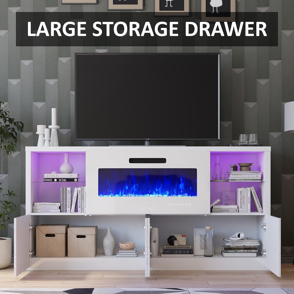 AMERLIFE 68" Fireplace TV Stand with 40" Fireplace, Modern High Gloss Fireplace Entertainment Center with LED Lights for TVs up to 78", TV Console with Glass Shelves for Living Room, White