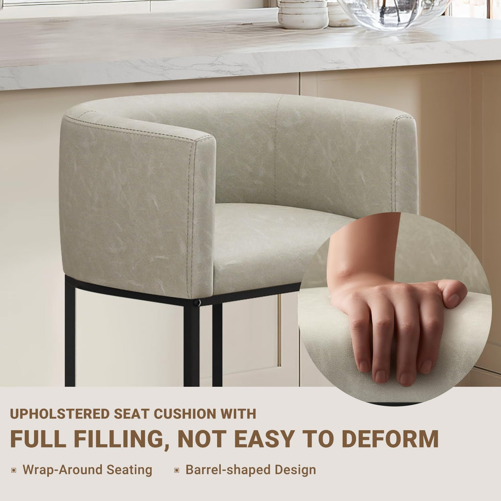 26" H Counter Height Bar Stools Set of 3, Modern Barrel Counter Stools with Backrest and Arms, Faux Leather Upholstered Accent Barstools for Kitchen Island,Support 450 LBS (Grayish White)