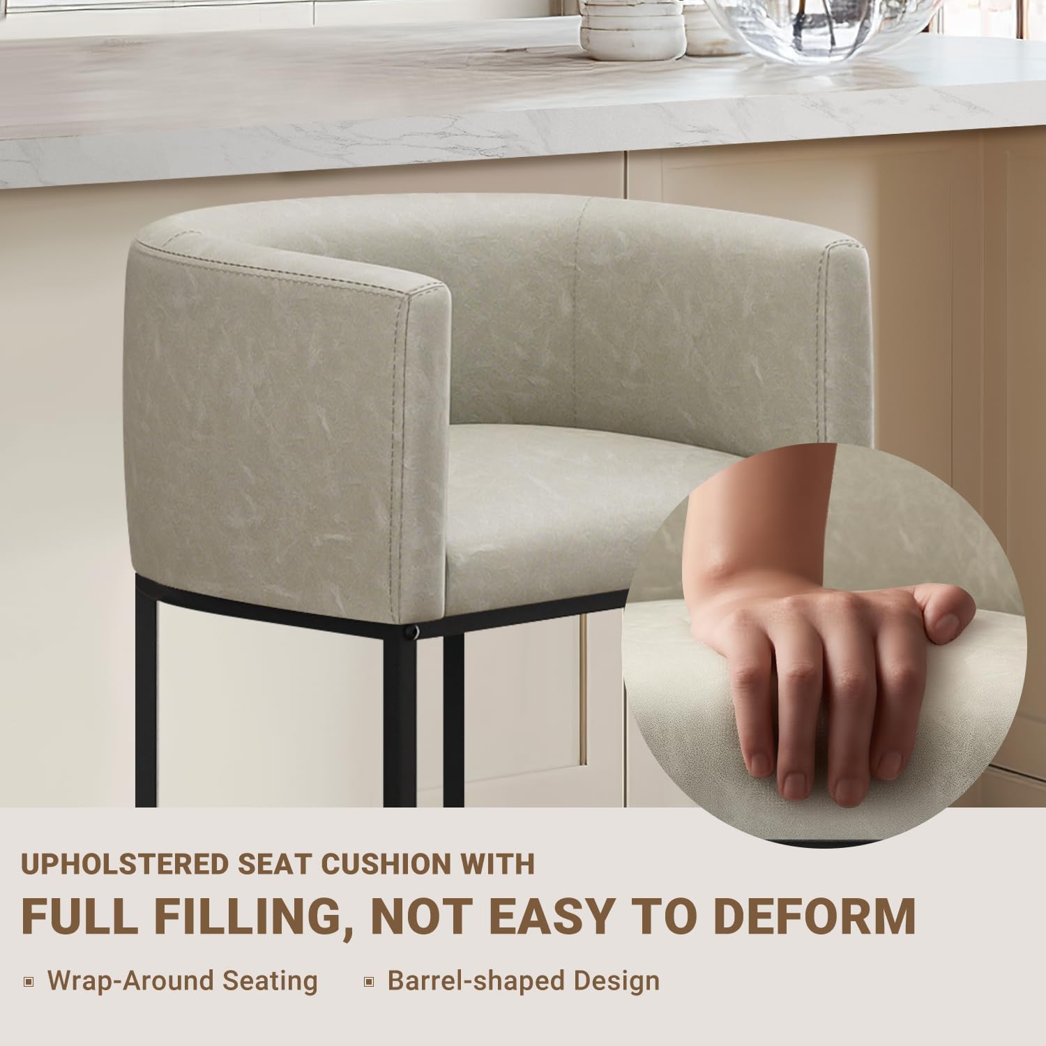 26" H Counter Height Bar Stools Set of 3, Modern Barrel Counter Stools with Backrest and Arms, Faux Leather Upholstered Accent Barstools for Kitchen Island,Support 450 LBS (Grayish White)