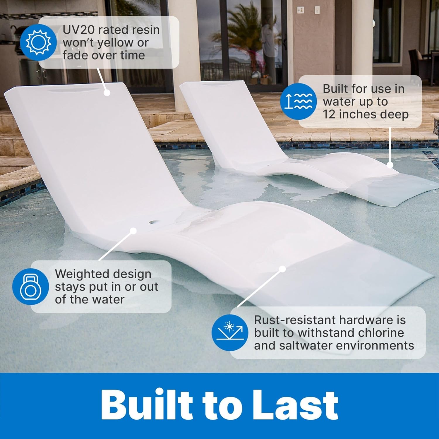 Step2 Vero Pool Lounger  Fade-Resistant  Waterproof Patio Furniture  Pool Lounge Chair for Sun Shelf  Use in Pools with Shelves Up to 12-Inches Deep or Outside Pool Deck  Weighted  White