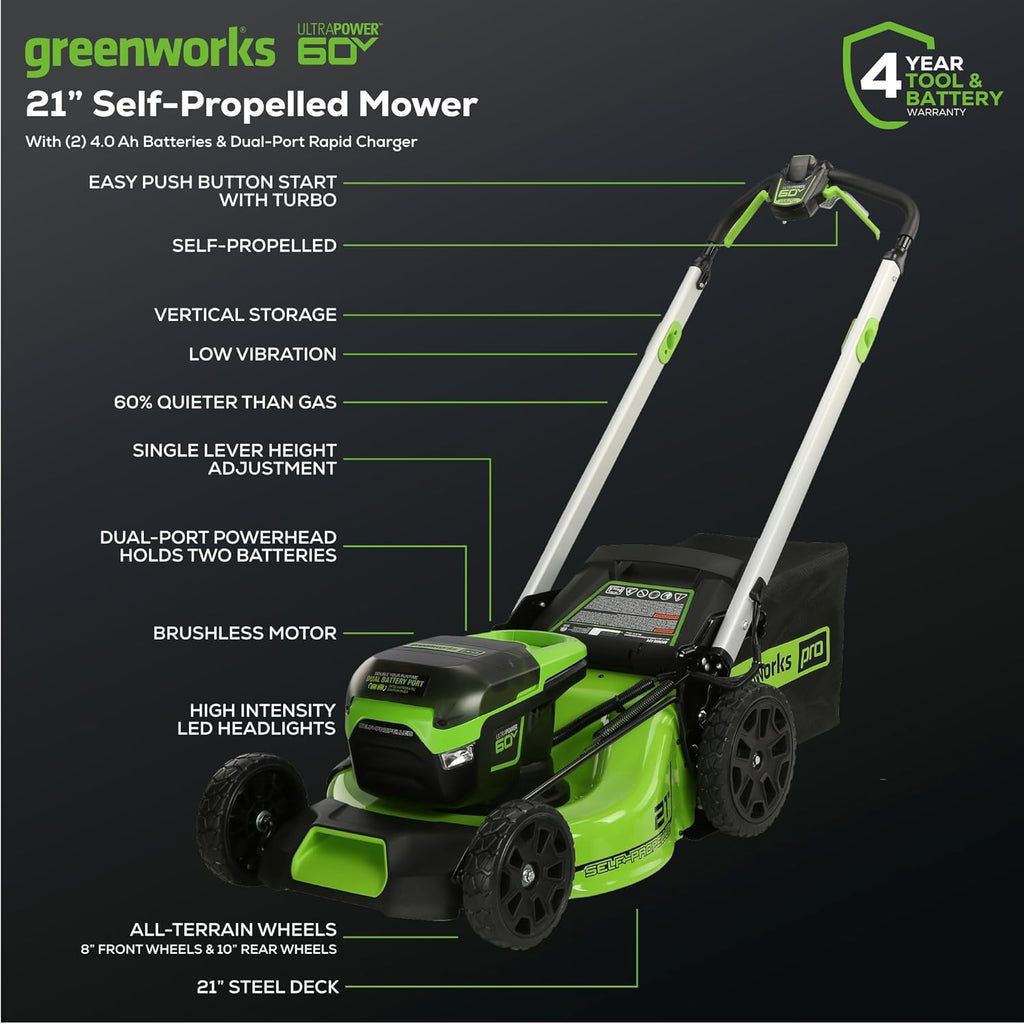 Greenworks 60V 21" Self-Propelled Cordless Lawn Mower  Brushless Motor  LED Lights  Includes 2X 4.0Ah Batteries & Rapid Dual-Port Charger(75+ Tool Compatibility  45Min Runtime)