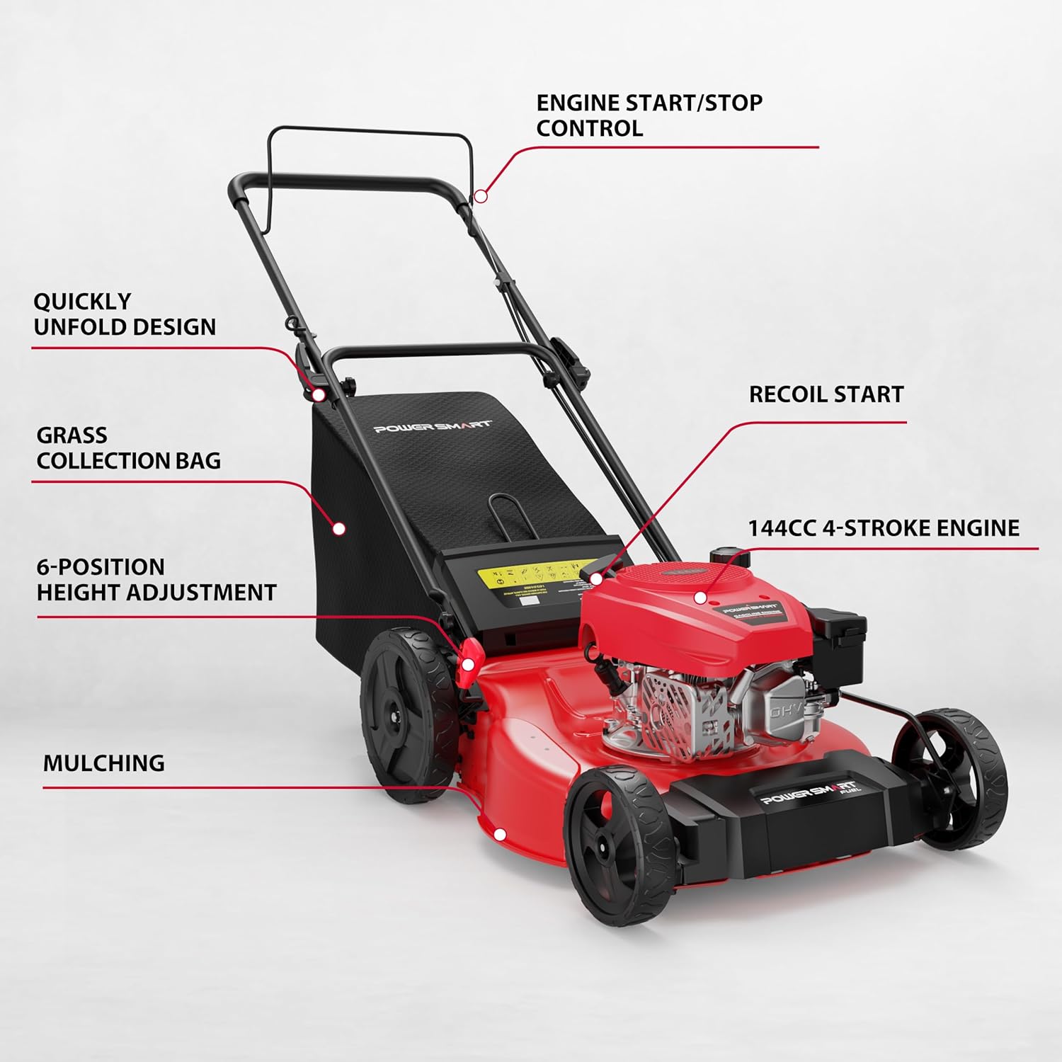 PowerSmart 21" 2-in-1 Push Lawn Mower  144cc Engine Mulching  Bagging  High Wheels  Lightweight and Easy Assembly 6 Cutting Height  Lightweight for Garden Yard