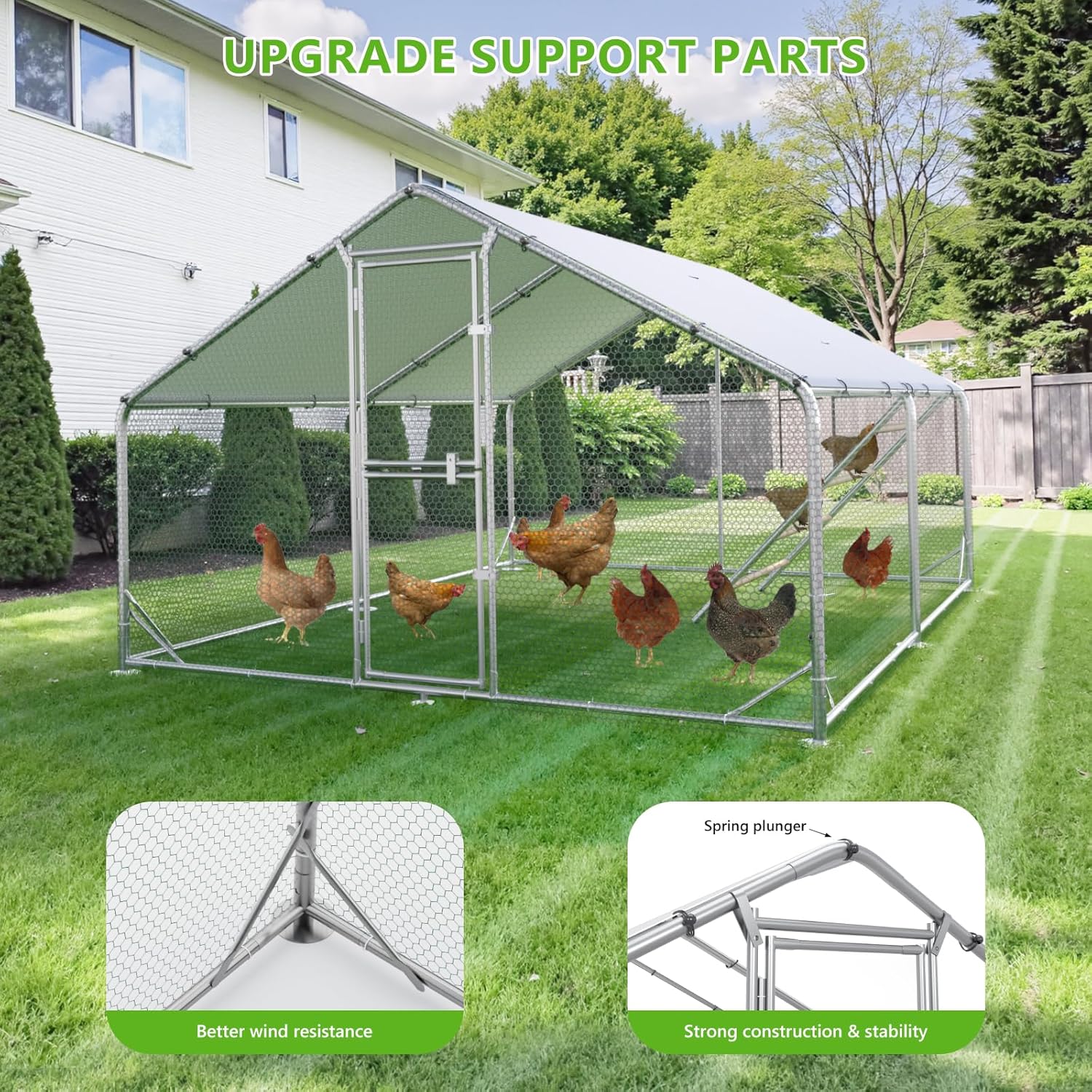 Large Chicken Coop Metal Chicken Run for Yard with Feeding Door Walk-in Chicken Pen for 10-20 Chickens Outdoor Poultry Cage with Anti-UV Cover