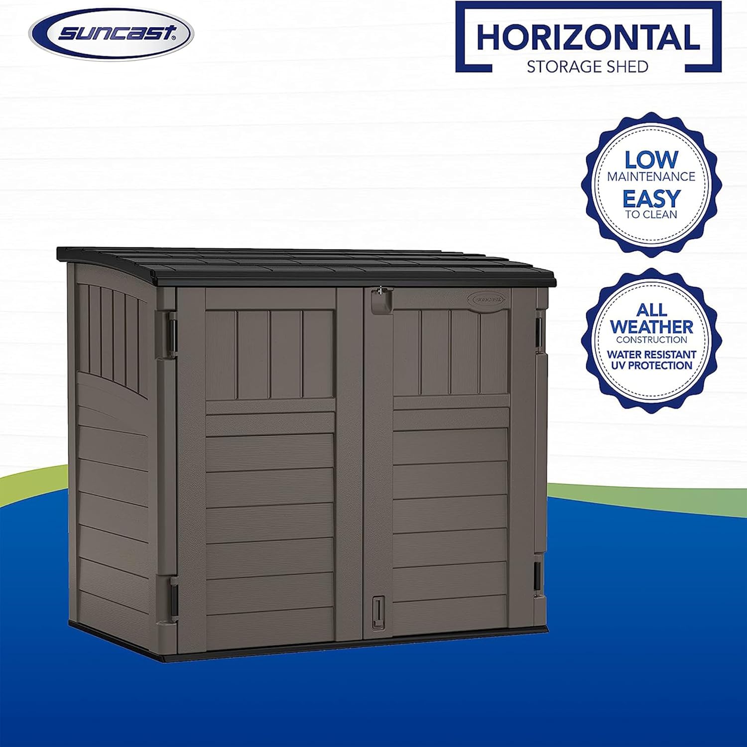 Suncast 34 Cu Ft Horizontal Resin Storage Shed - Outdoor Storage Shed with Floor Included  Lockable  Weatherproof  Fits Small to Medium Trash Cans  Generators  & Garden Tools  Stoney Black