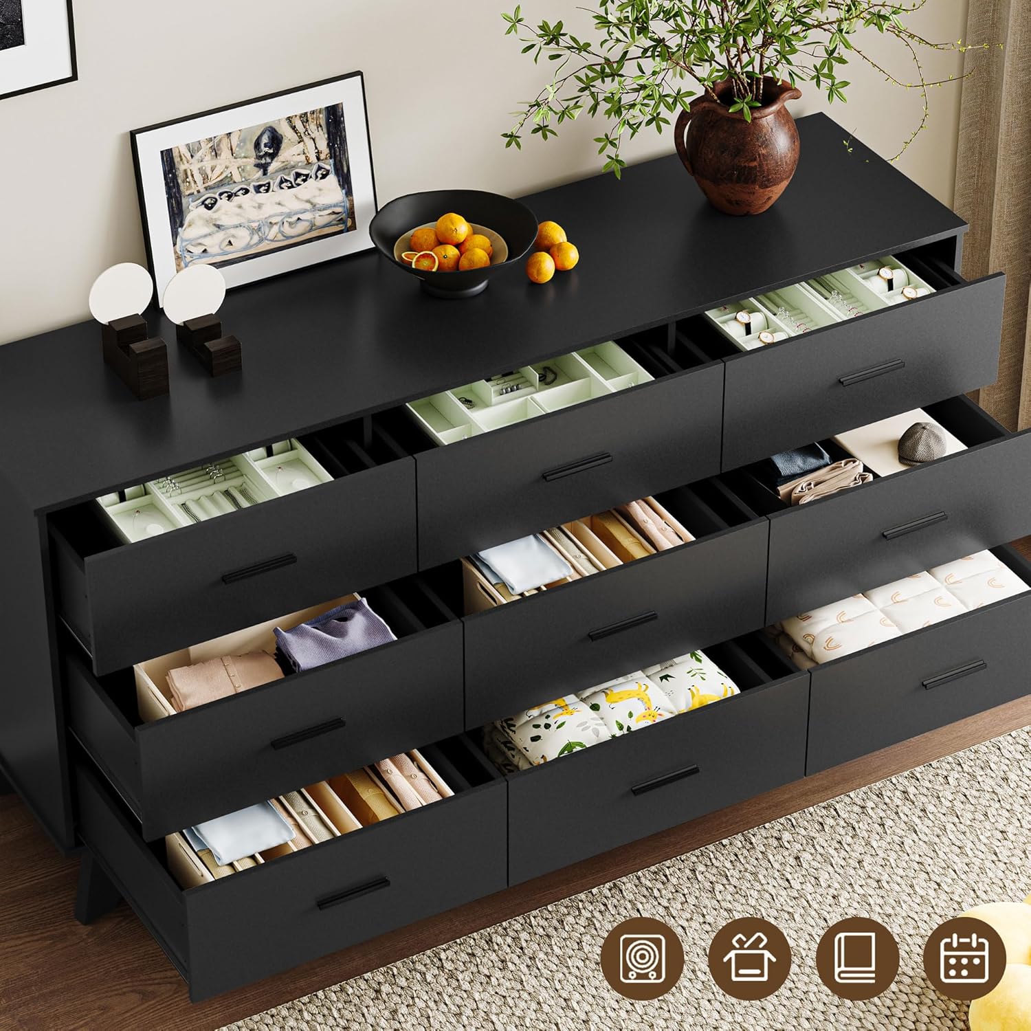 Dresser for Bedroom with 9-Drawer, 59" Wide Modern Chest of Drawers with Metal Handles, X-Shape Base & Adjustable Center Leg, Anti-Tip Closet Organizers and Storage