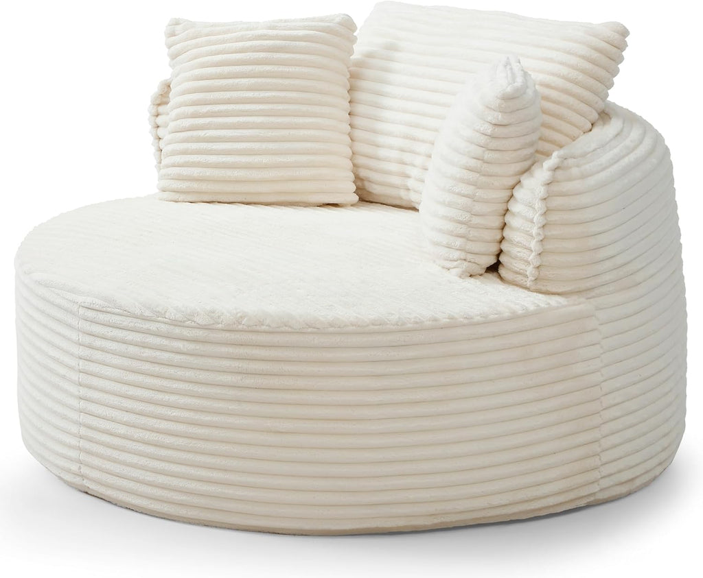 Oversized Round Chair Lounge Chaise Indoor, 53.5" Upholstered Corduroy Deep Seat Single Cloud Sofa Chair, Fluffy Modern Large Circle Boneless Sleeper Sofa for Living Room, Bedroom, Beige White