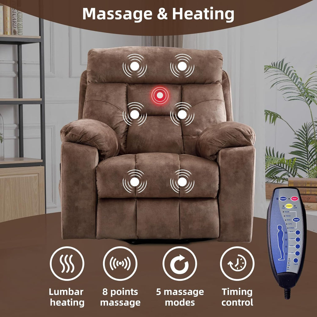 CANMOV Large Power Lift Recliner Chair with Massage and Heat for Elderly Big and Tall People, Overstuffed Wide Recliners with 2 Cup Holders, Side Pocket and USB Port, Camel