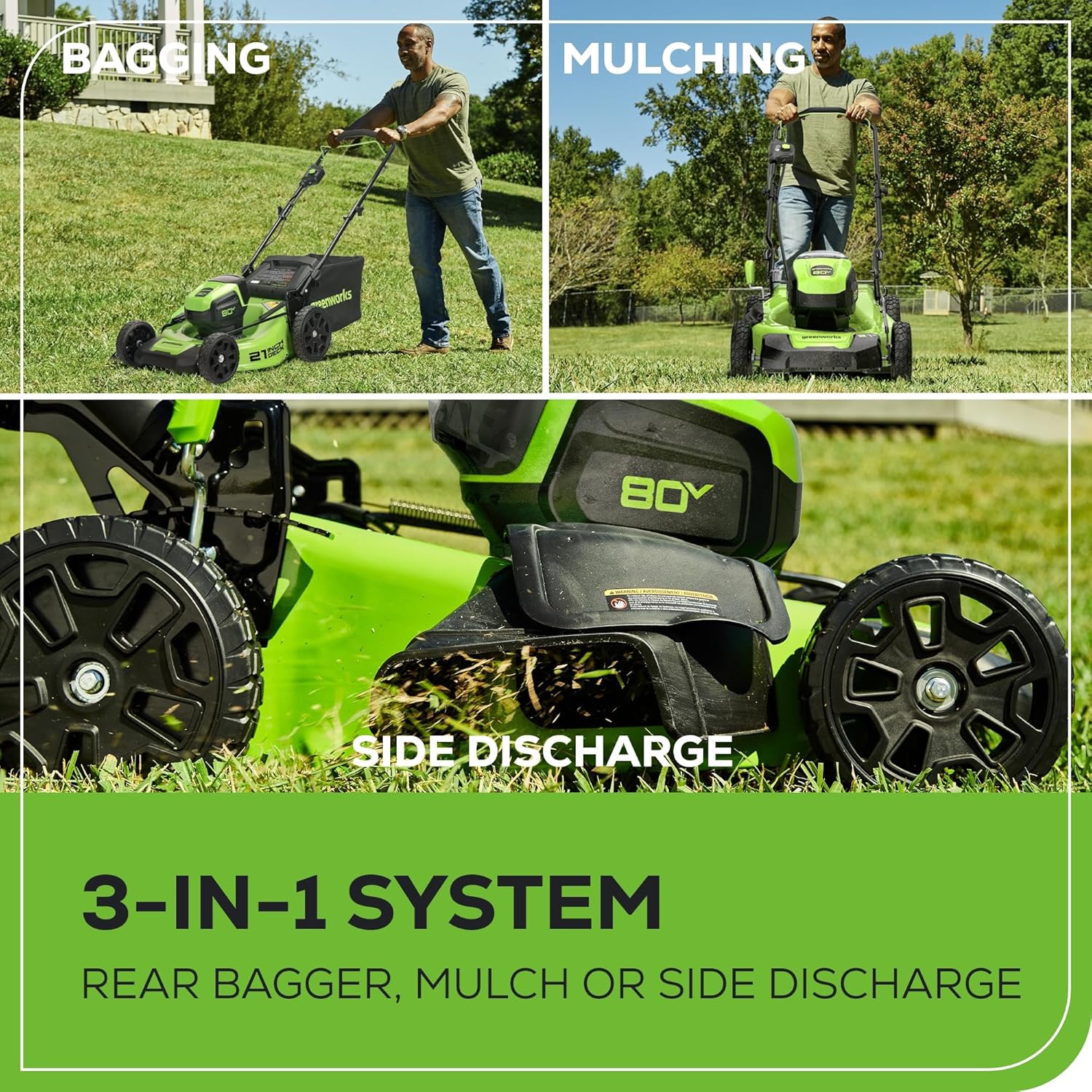 Greenworks 80V 21” Brushless (Push) Cordless Electric Lawn Mower + (500 CFM) Axial Leaf Blower + 13” String Trimmer (75+ Compatible Tools)  (2) 2.0Ah Batteries and 30 Minute Rapid Charger