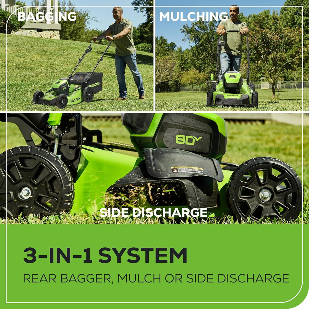 Greenworks 80V 21” Brushless (Push) Cordless Electric Lawn Mower + (500 CFM) Axial Leaf Blower + 13” String Trimmer (75+ Compatible Tools)  (2) 2.0Ah Batteries and 30 Minute Rapid Charger