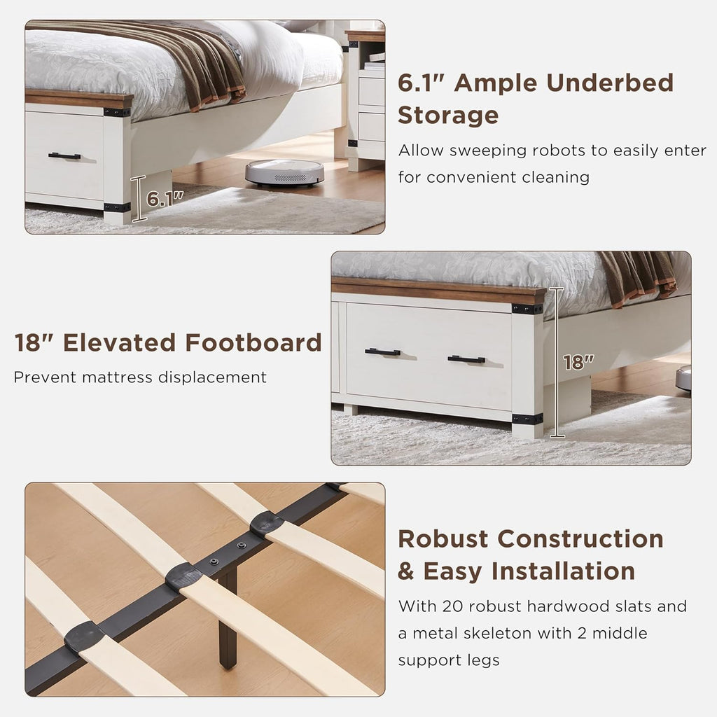 T4TREAM Farmhouse Queen Size Bed Frame with 54" Tall Geometric Headboard & 2 Large Storage Drawers, Rustic Wood Platform Bed with Wood Slats Support, No Box Spring Needed, Antique White