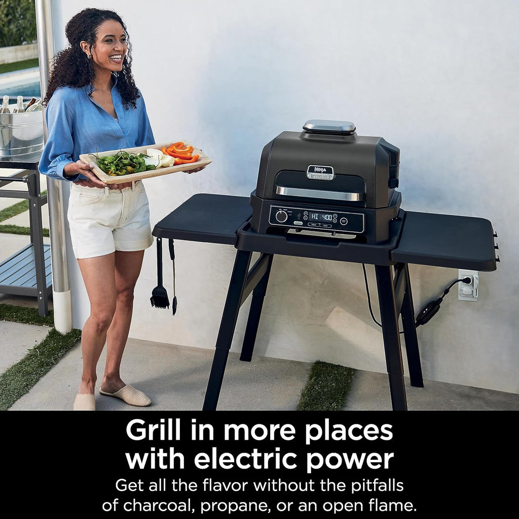 Ninja | Grill & Smoker | Outdoor Woodfire Pro XL | 4 in 1 Grill  BBQ Smoker  Air Fryer & Bake | Portable | Includes Built in Thermometer & 2 Woodfire Pellet Packs | Dark Grey | OG850
