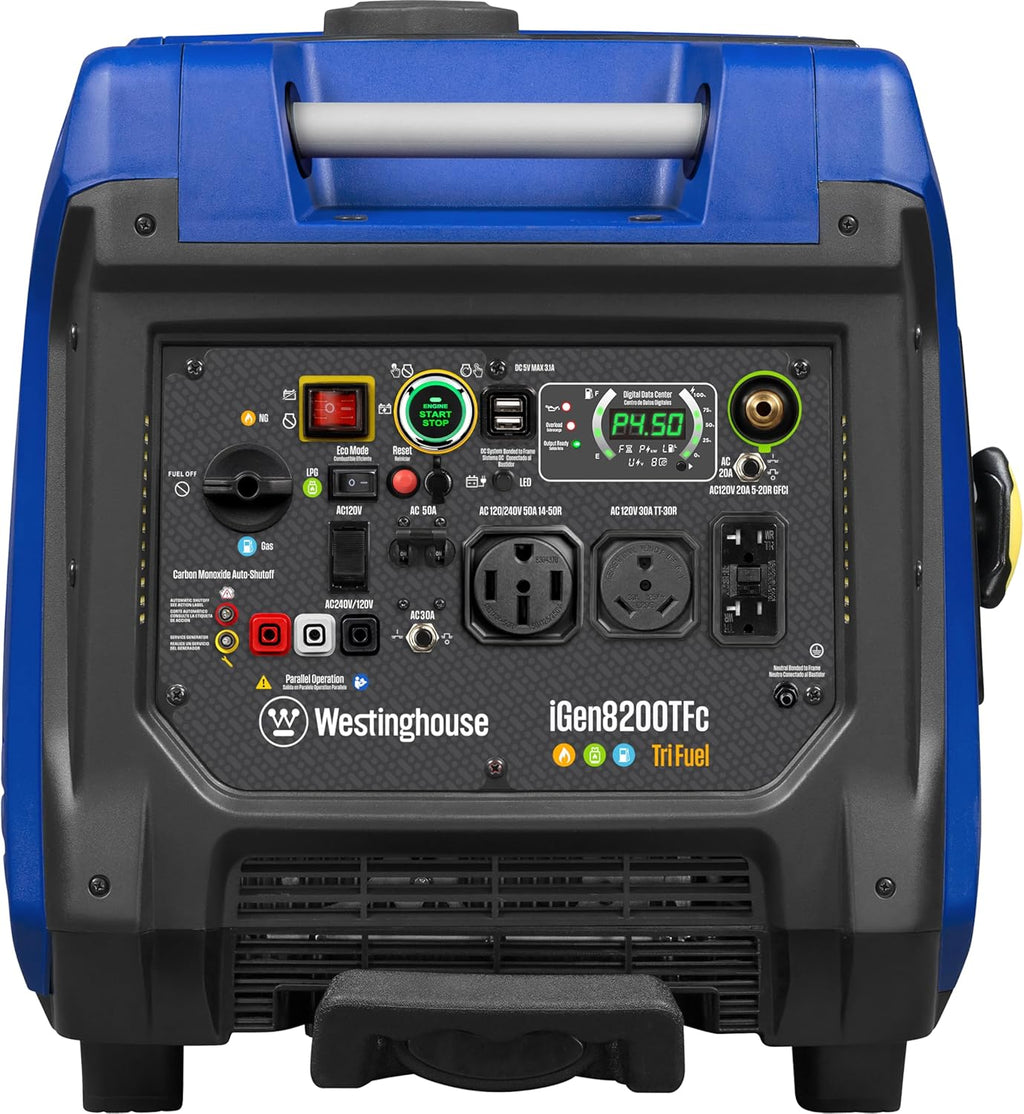 Westinghouse 8200 Peak Watt Tri-Fuel Portable Inverter Generator  Remote Electric Start  Transfer Switch Ready  Gas  Propane  Natural Gas  Low THD  Safe for Electronics  Parallel Capable  CO Sensor
