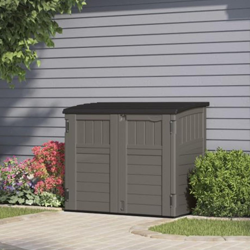 Suncast 34 Cu Ft Horizontal Resin Storage Shed - Outdoor Storage Shed with Floor Included  Lockable  Weatherproof  Fits Small to Medium Trash Cans  Generators  & Garden Tools  Stoney Black