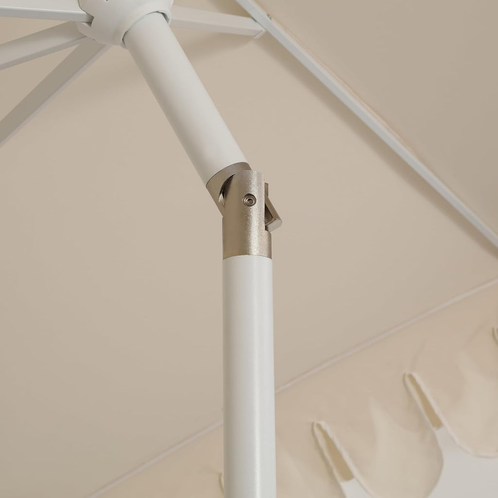 JONATHAN Y UMB1002C Tracy 9 ft. Classic MidCentury Scalloped Fringe Market Patio Umbrella with Auto-Tilt  Crank  Wind Vent and UV Protection in Cream/White
