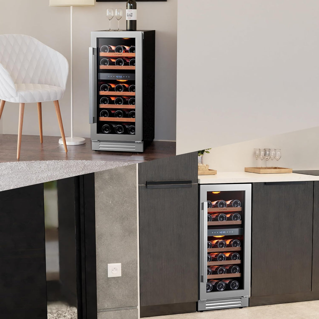 Ca'Lefort 15 Inch Wine Fridge, 28 Bottle Wine Cooler Refrigerator, 40-65°F Wine Refrigerator Glass Door, 3 LED Dual Zone Wine Fridge, Built-in or Freestanding Fridge for Home/Bar/Kitchen (3.0 cu.ft)