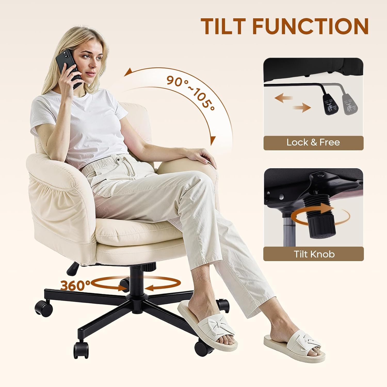 Bestier Criss Cross Office Chair with Flip-Up Arms, Vanity Comfy Chair with Thick Cushion & Wheels, Cross Legged Office Chair for Home Office, Bedroom, Beige Velvet