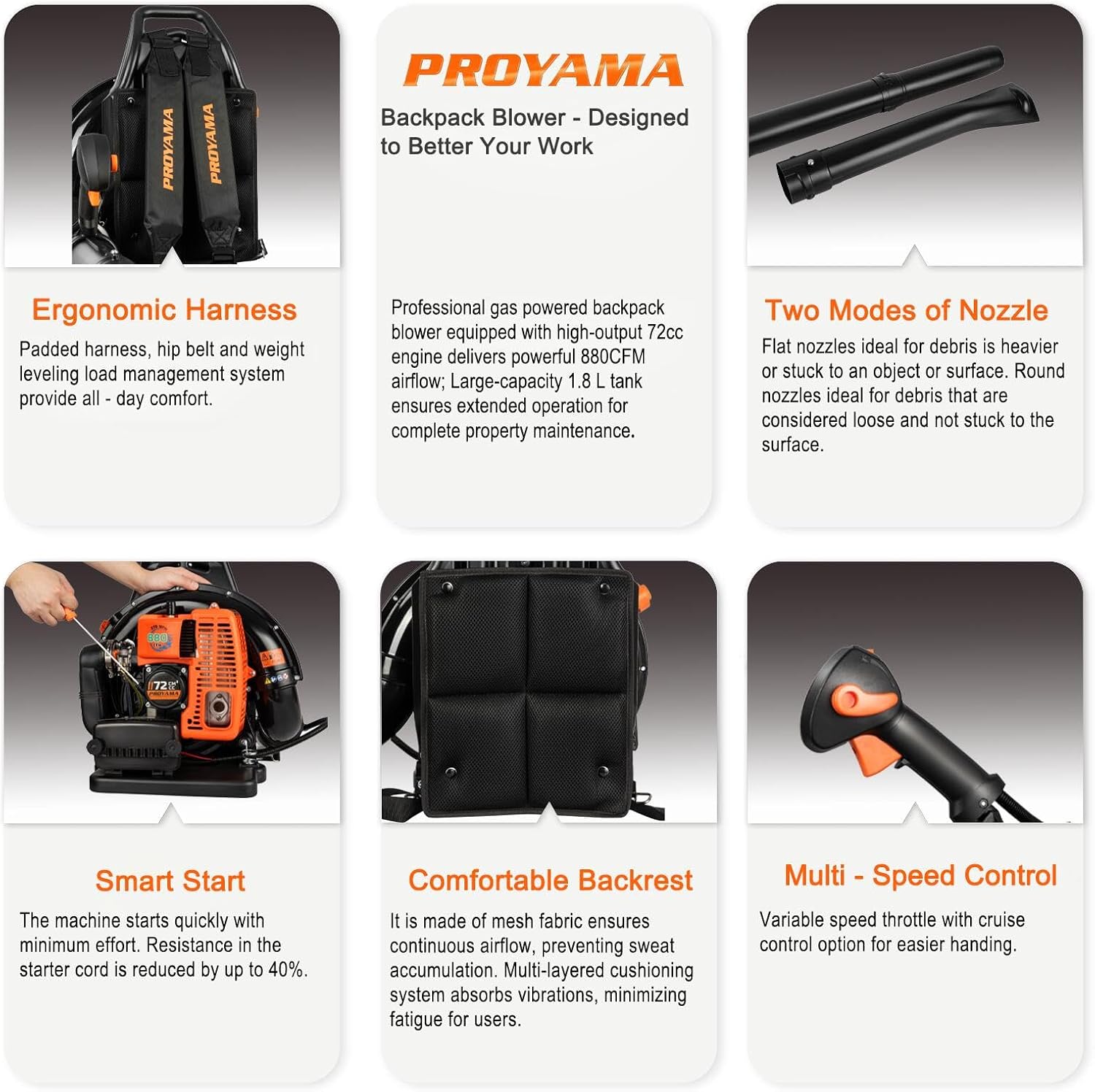 PROYAMA 72CC Gas Backpack Leaf Blower  2-Cycle 880CFM 275MPH Gas Powered Engine  2 in 1 Nozzle Low Vibration and Ergonomic Design with Cruise Control for Outdoor GardenYard Cleaning and Snow Removal