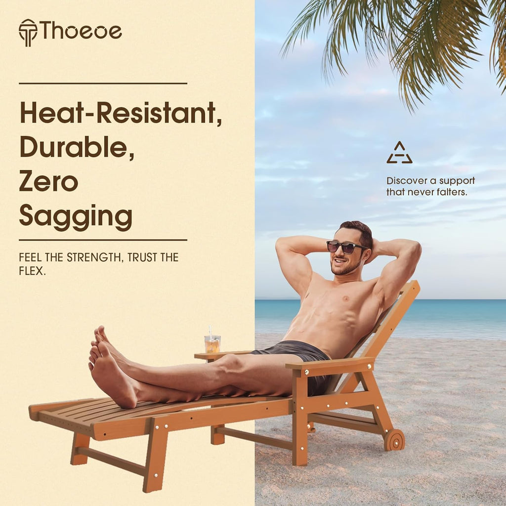 Patio Chaise Lounge Chair  Oversized Lounge Chair Outdoor with 5 Positions  HDPE  Patio Lounge Chair with Wheels & Cup Holder for Pool  Deck  Poolside Wood