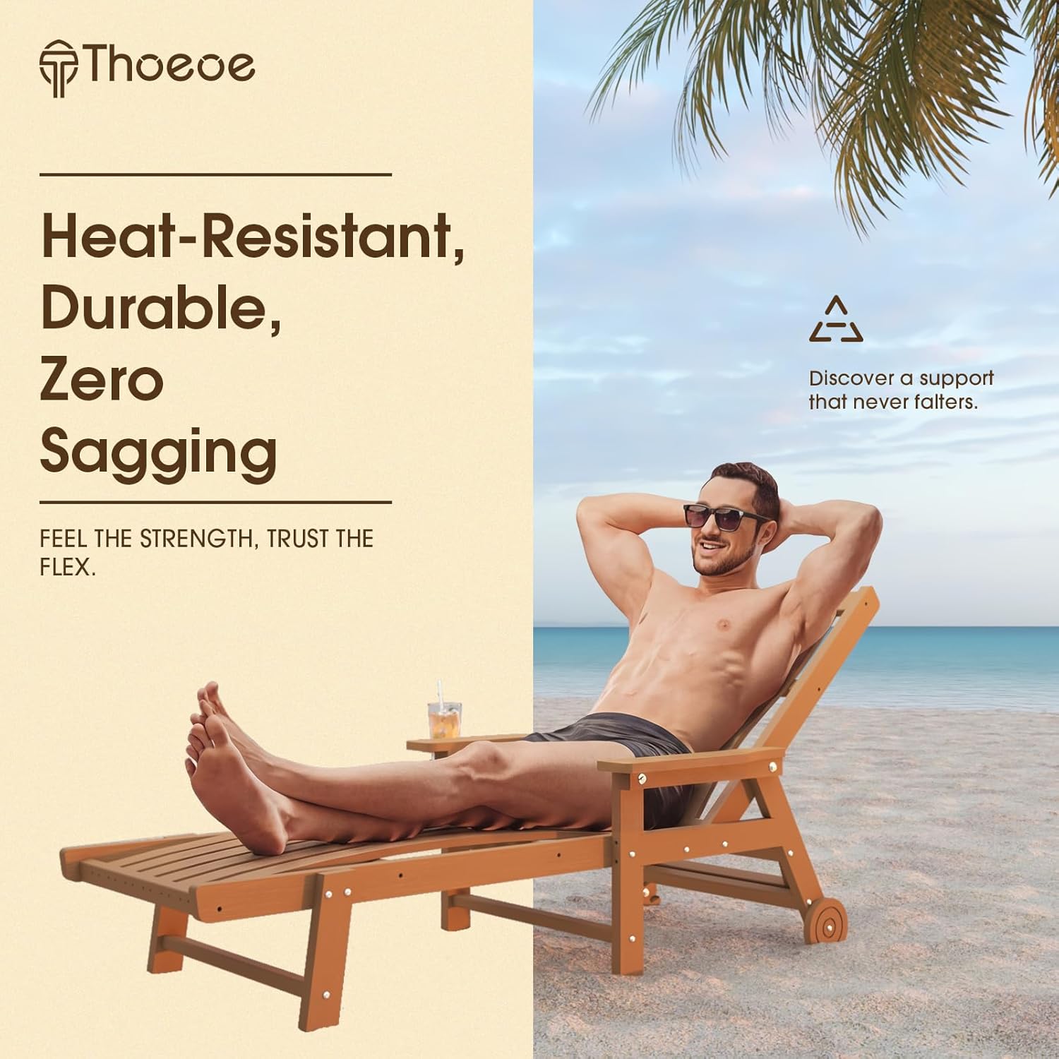 Patio Chaise Lounge Chair  Oversized Lounge Chair Outdoor with 5 Positions  HDPE  Patio Lounge Chair with Wheels & Cup Holder for Pool  Deck  Poolside Wood