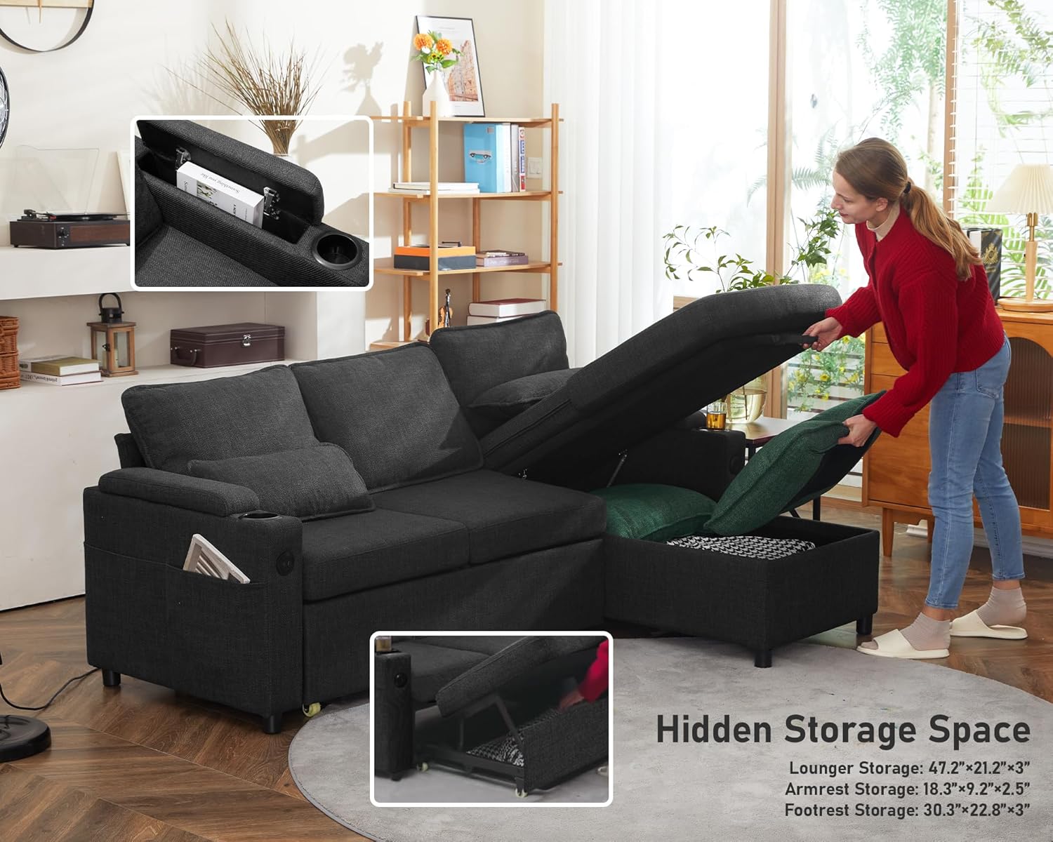 DURASPACE Sofa Bed Sleeper Pull Out 2 in 1 Sectional Sleeper Sofa Couches with Storage,USB, Cup Holder,Pullout Sectional Couches for Apartment Living Room (Dark Gray)
