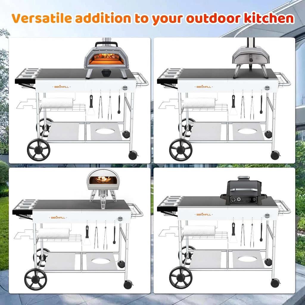 Pizza Oven Table Grill Cart with Pizza Topping Station Movable Food and Prep Workcart Outdoor Grill Table Stand for Ninja Woodfire Blackstone Griddle Cuisinart etc Grill  Barbecue tool set