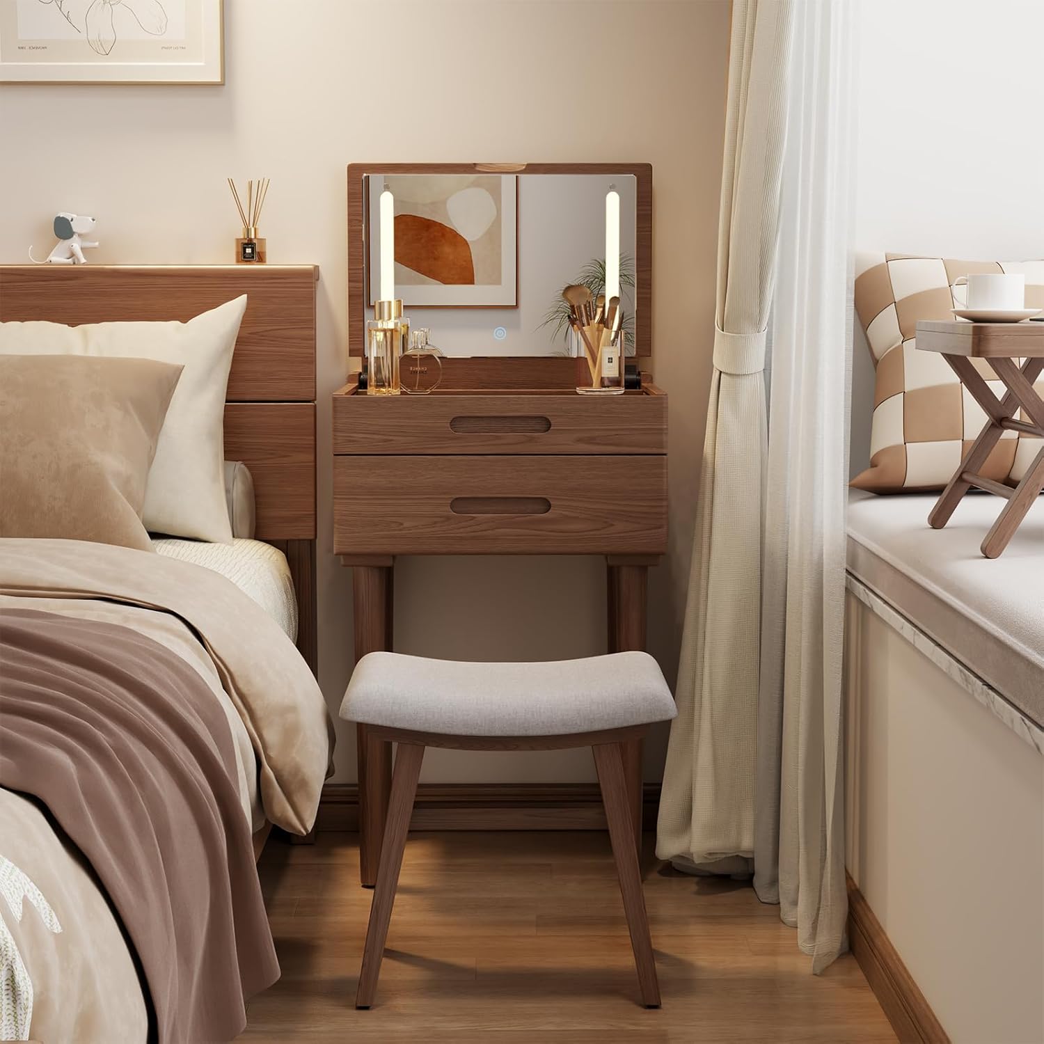 Solid Wood Small Vanity Desk with Mirror and Lights, Narrow Makeup Vanity for Small Space, Flip Top Vanity Side Table, 3 Color Modes & Adjustable Brightness, 19.6" Slim Dressing Table, Walnut