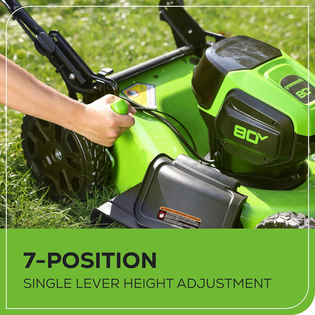 Greenworks 80V 21” Brushless (Push) Cordless Electric Lawn Mower + (500 CFM) Axial Leaf Blower + 13” String Trimmer (75+ Compatible Tools)  (2) 2.0Ah Batteries and 30 Minute Rapid Charger
