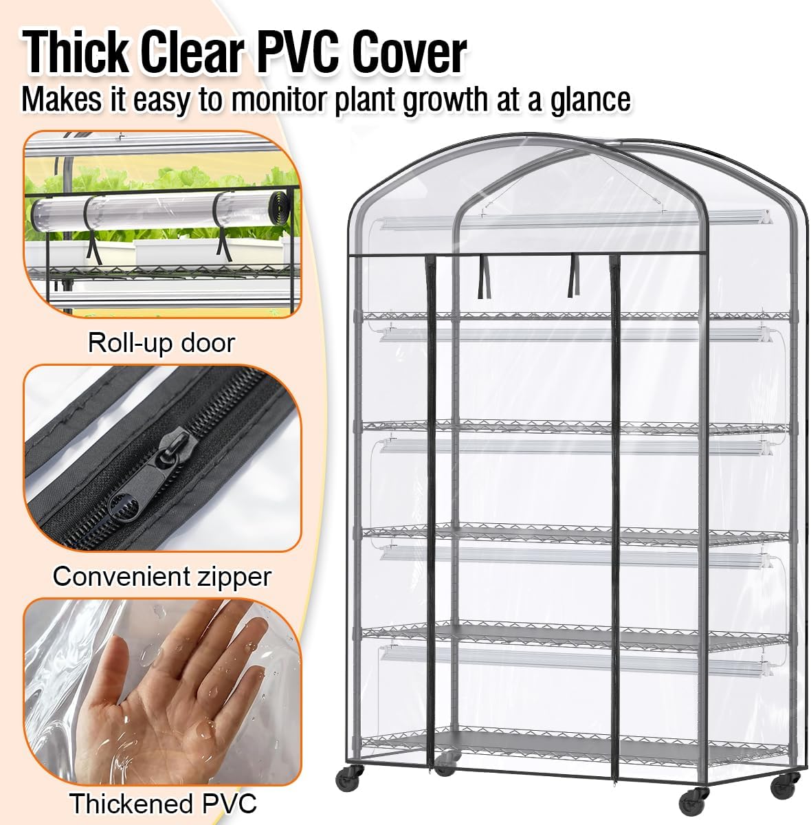 5 Tier Metal Plant Stand with Grow Light & PVC Cover Portable Mini Greenhouse with Shelves Adjustable Small Indoor Green House with Grow Light for Indoor Plants  Seedling Rack 49"x21.6"x79"