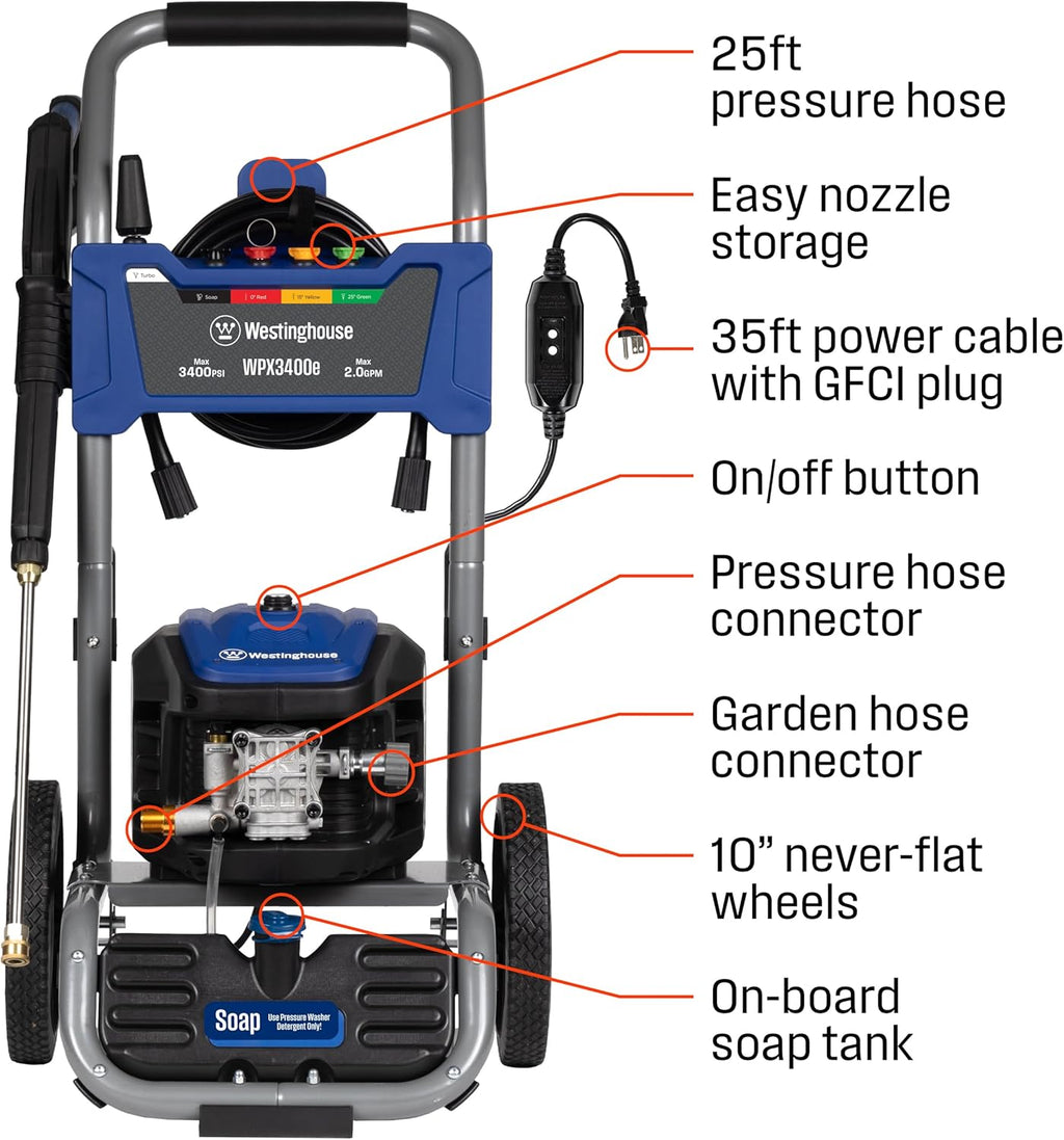 Westinghouse WPX3400e Electric Pressure Washer  3400 Max PSI and 2.0 Max GPM  Brushless Motor  Onboard Soap Tank  Spray Gun and Wand  5 Nozzle Set  for Cars/Fences/Driveways/Homes/Patios/Furniture