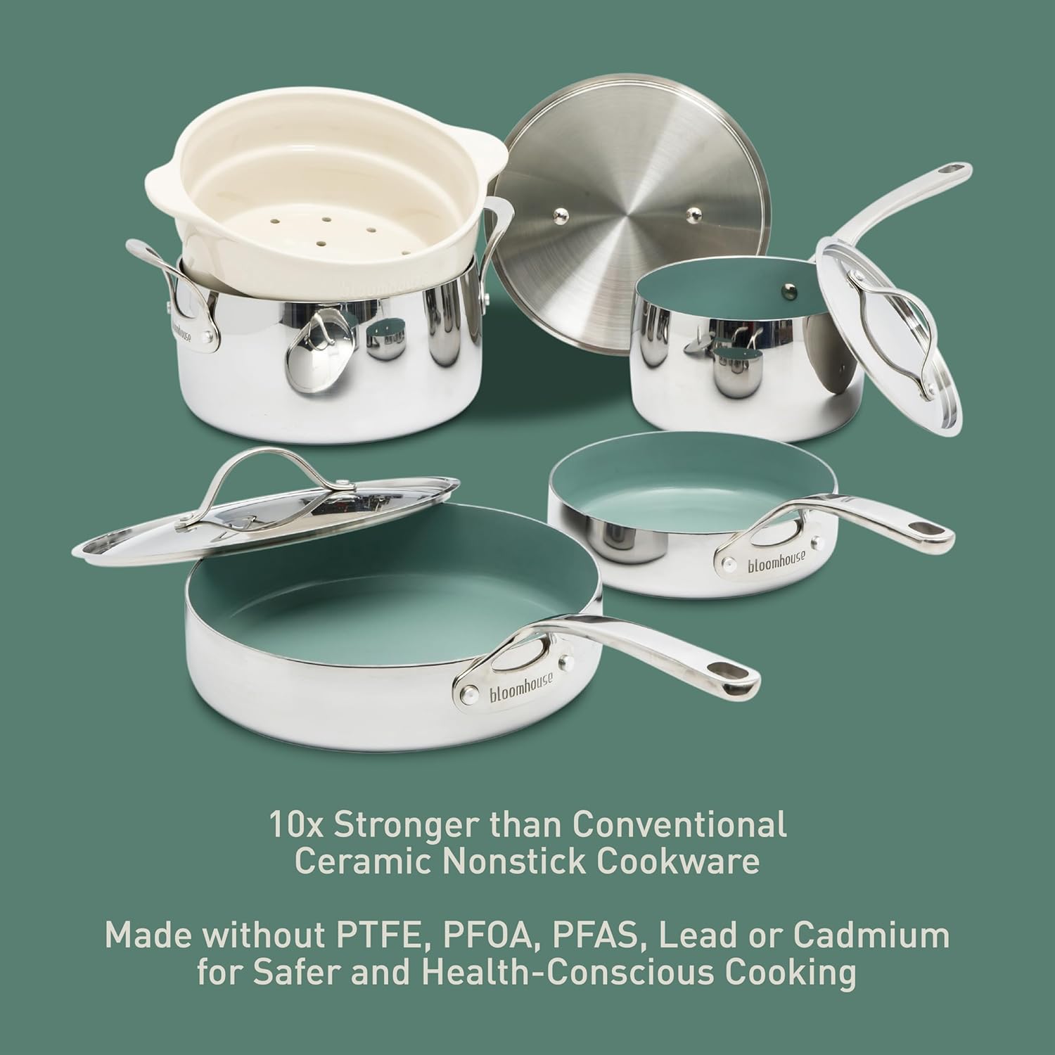 Bloomhouse - Two Time Oprah's Favorite Things Winner - 8 Piece Triply Stainless Steel Pots and Pans Cookware Set W/Sage Green Non Toxic Pro Ceramic Non Stick Interior