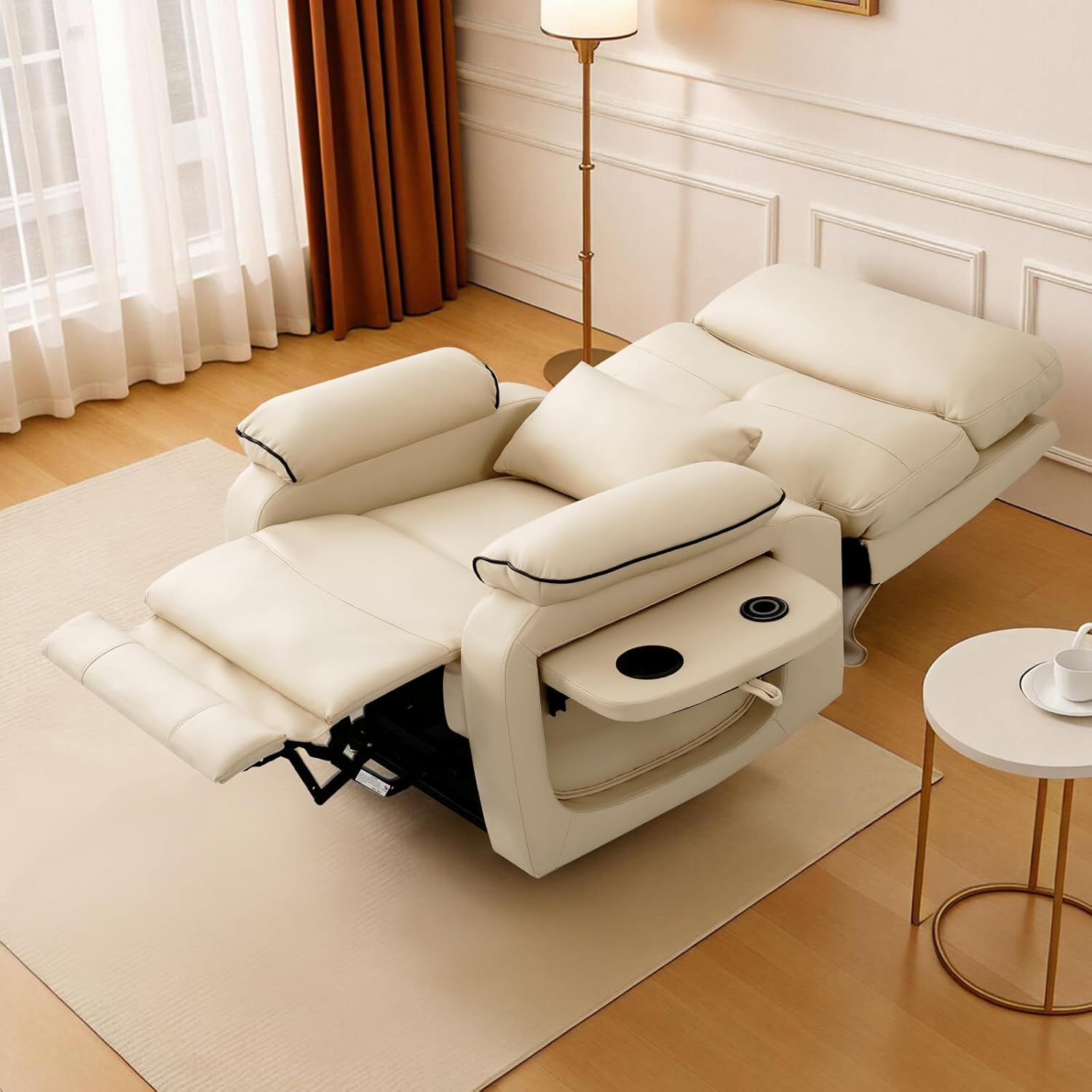 Dual Motor Power Lift Recliner Chair for Adult & Elderly, Infinite Position Lay Flat Lift Chair with Heat & Massage, Cup Holder, Lumbar Pillow, Wireless Charger, USB Ports, Leather (Beige)