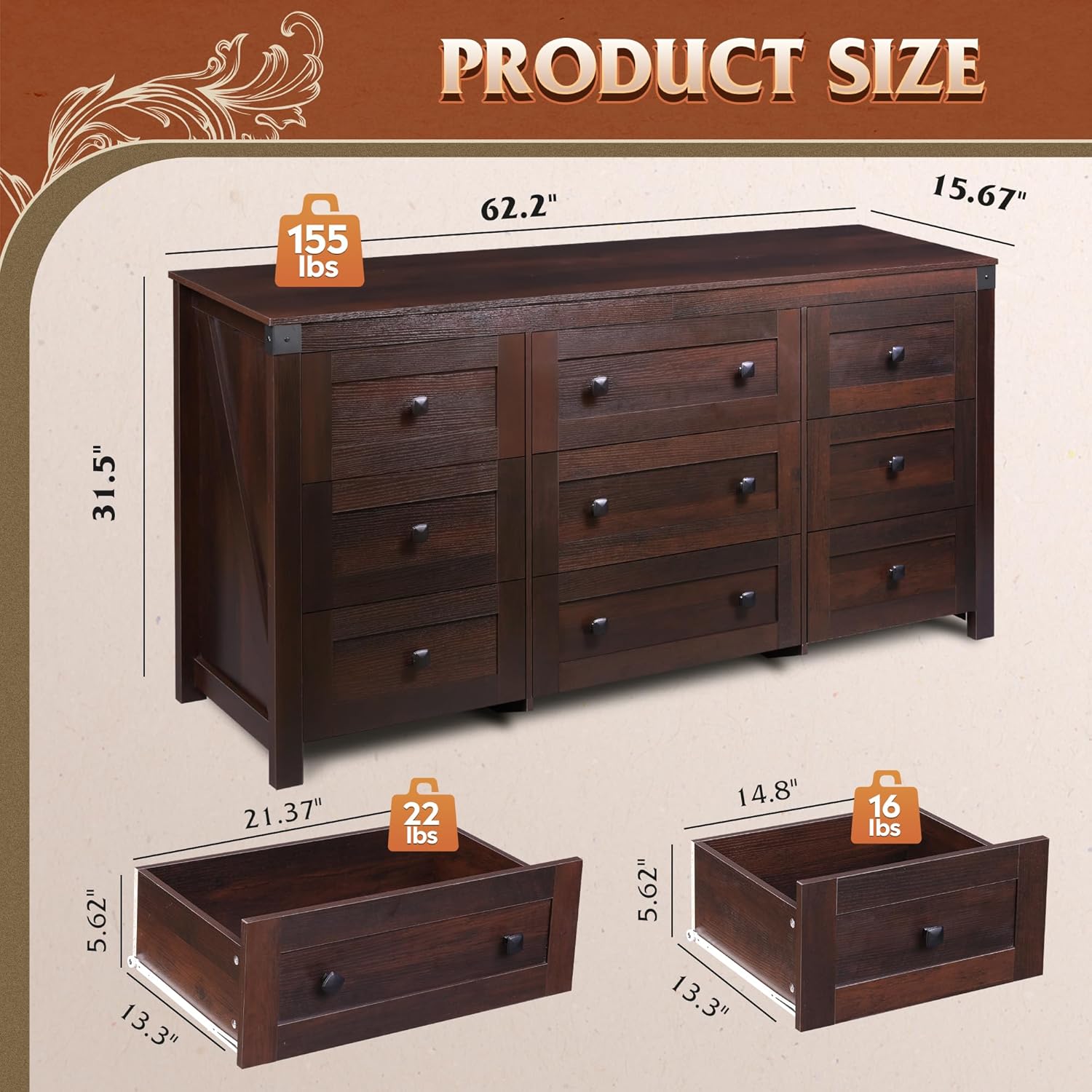 WLIVE Farmhouse Dresser for Bedroom, 63" Wide 9 Drawer Dresser Storage Organizer, Wood Chest of Drawers for Bedroom, TV Stand for 70 inch TV for Living Room, Hallway, Ball Bearing Slide (Brown)