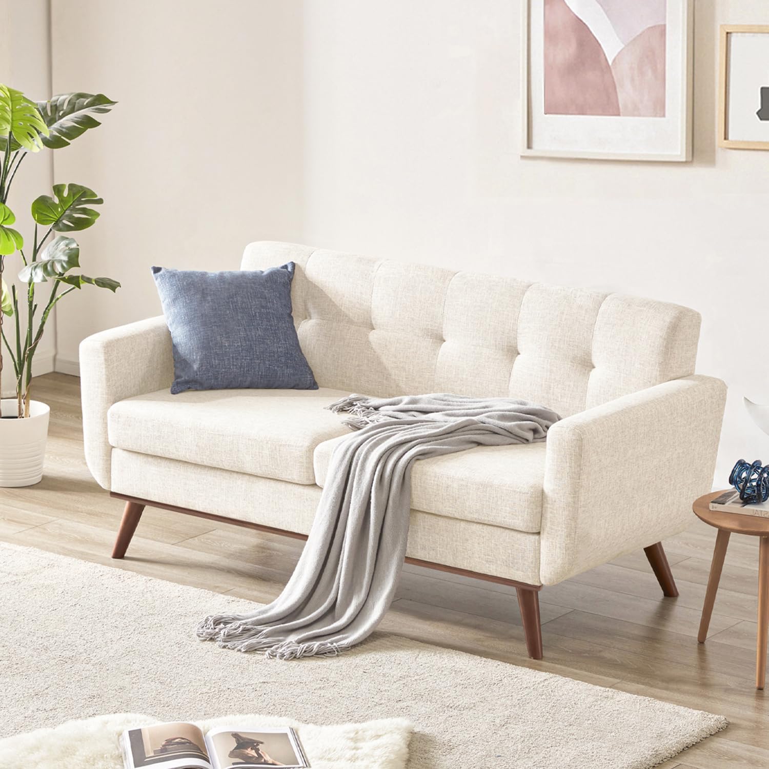 Tbfit Loveseat Sofa, Mid-Century Love Seat Couches, Boucle Small Sofa for Living Room, Bedroom, Office, Button Tufted Upholstered Furniture, Beige