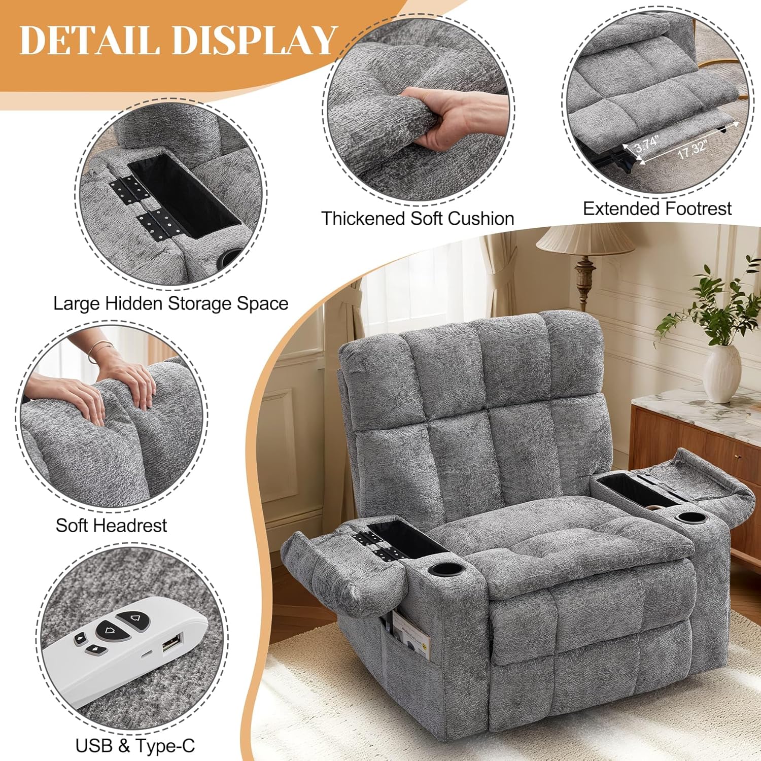 Oversized Dual Motor Power Lift Recliner for Elderly with Adjustable Headrest, Extra Wide Recliner Chairs with Massage and Heat, Electric Lift Chair with Storebox Cupholder, USB Ports, Type C