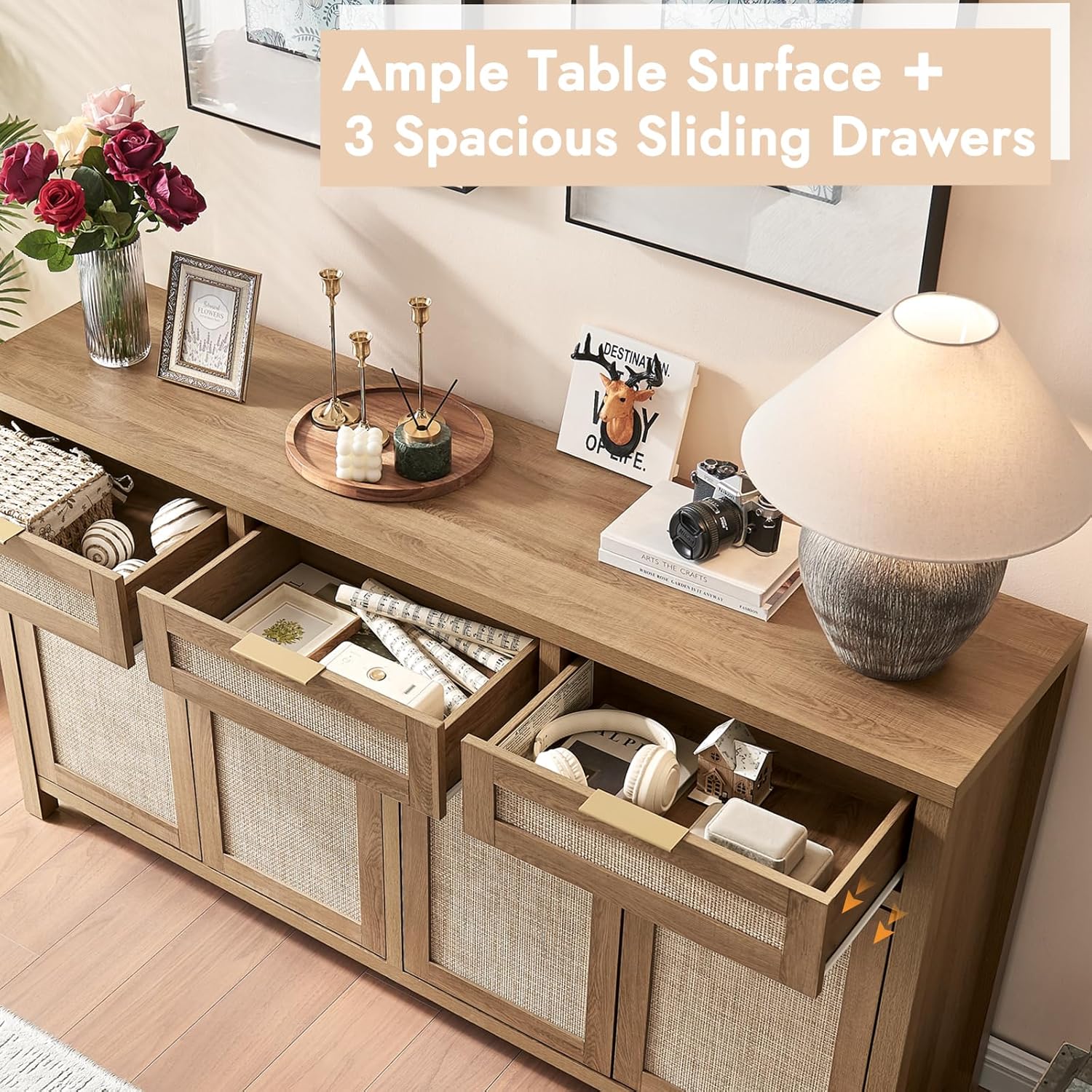 Rattan Sideboard Buffet Cabinet, Boho Storage Cabinet with Adjustable Shelves, Farmhouse Credenza Coffee Bar Cabinets with 4 Doors & 3 Drawers for Living Room, Hallway & Kitchen
