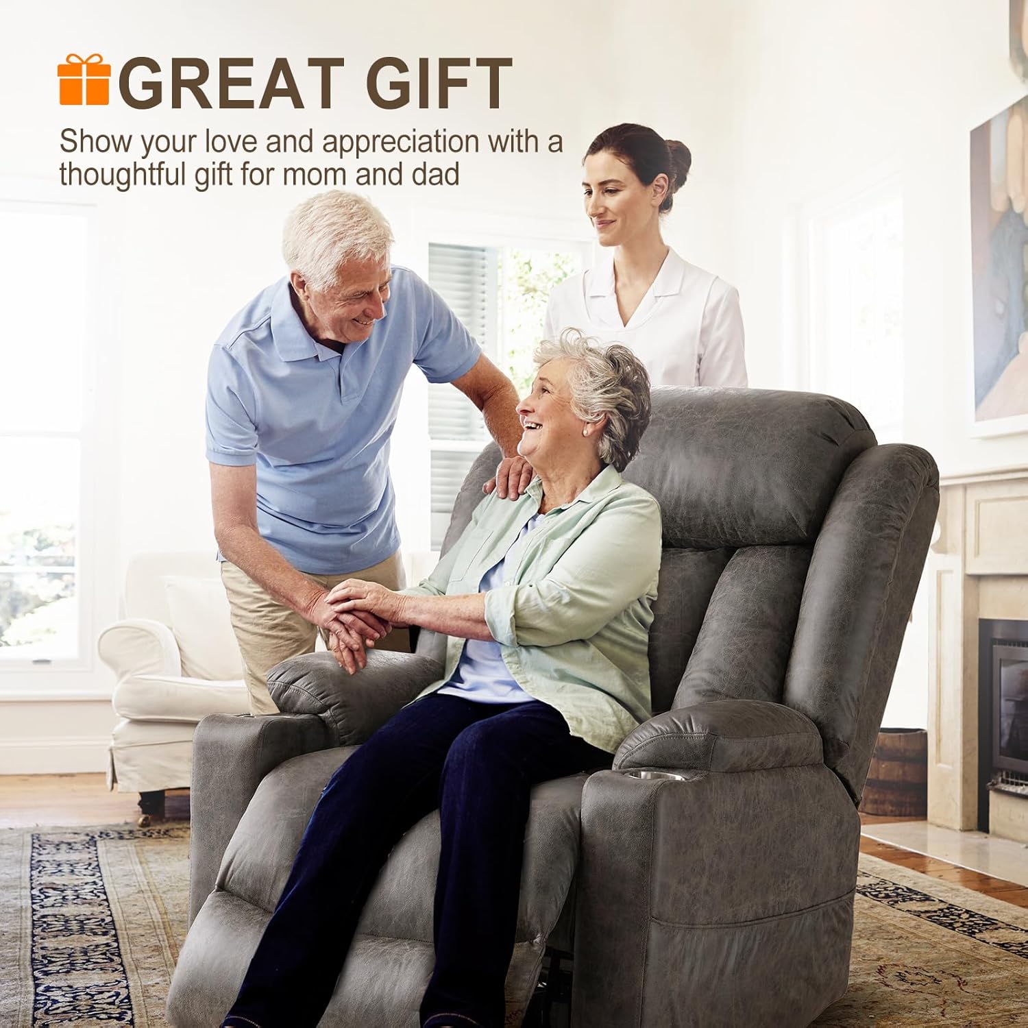 CDCASA Oversized Power Lift Recliner Chair with Massage and Heat for Elderly, Overstuffed Wide Recliners, Breathable Leather Lift Chairs w/Metal Cup Holders, USB & Type-C Ports, Matte Grey